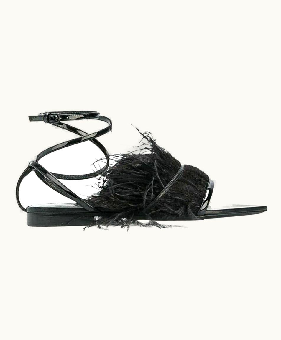 Saint Laurent Saint Laurent Era 105 Black Feather Wrap Around Ankle Strap Flat Sandal UZ0584104