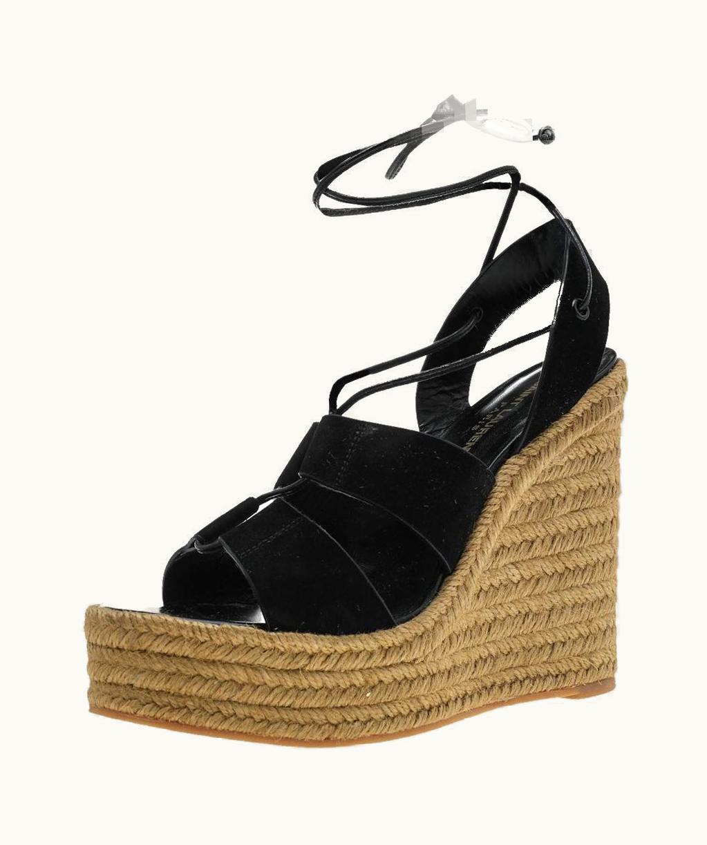 Saint Laurent Saint Laurent Black Suede Wedge Platform Ankle Wrap Sandals UZ0584113