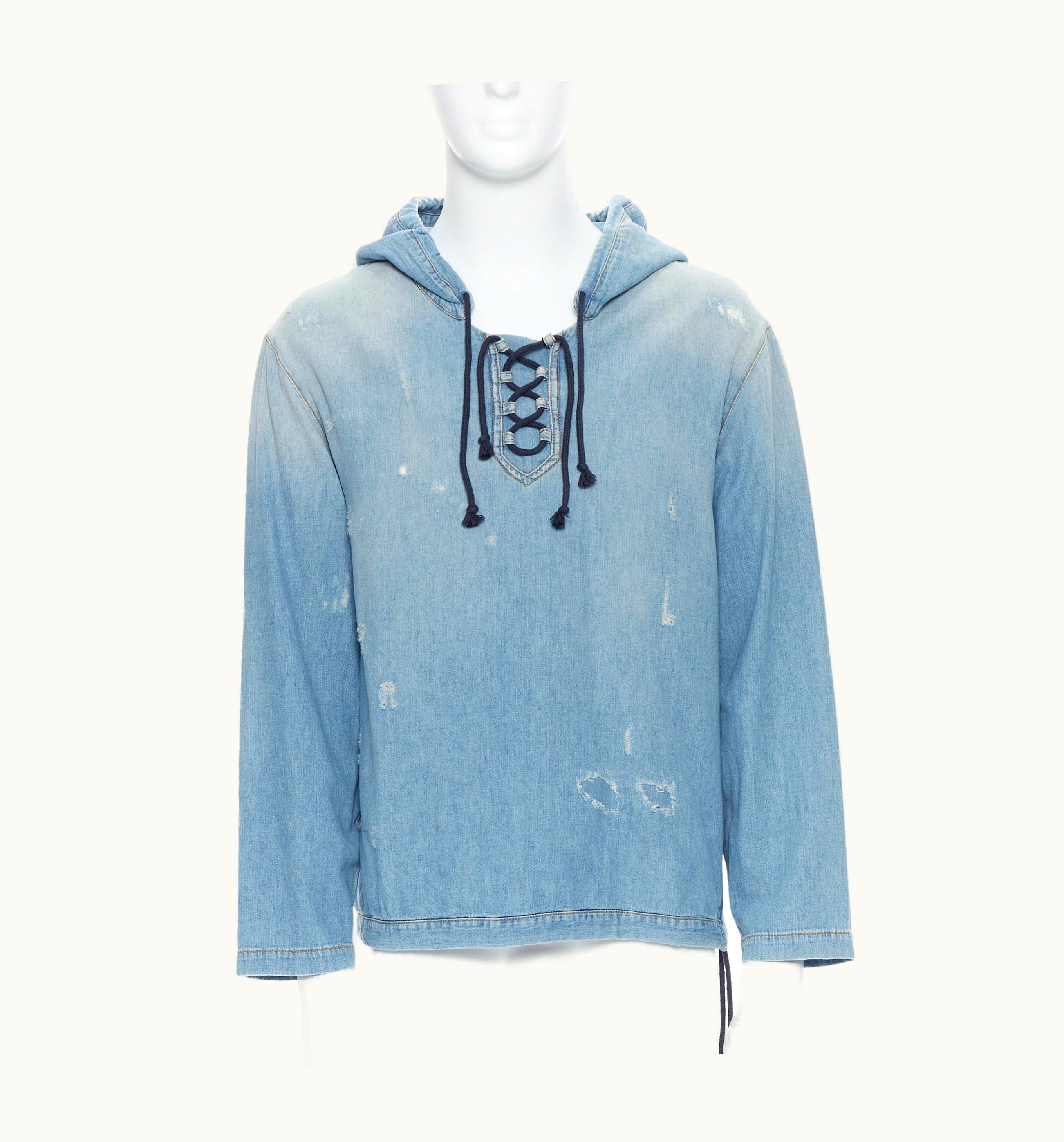 Saint Laurent Saint Laurent 2018 Distressed Destroyed Denim Lace Up Hoodie Pullover UZ0584114