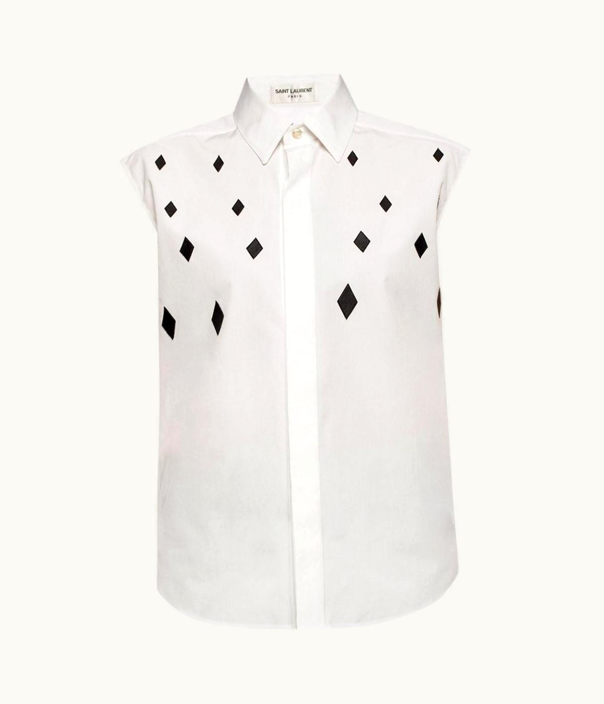 Saint Laurent Saint Laurent White Sleeveless Collared Shirt WS/S Leather Diamond Appliqués