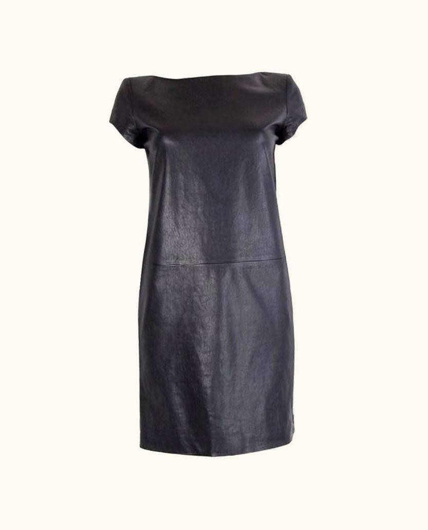Saint Laurent Saint Laurent Black Leather Short Sleeve Shift Dress
