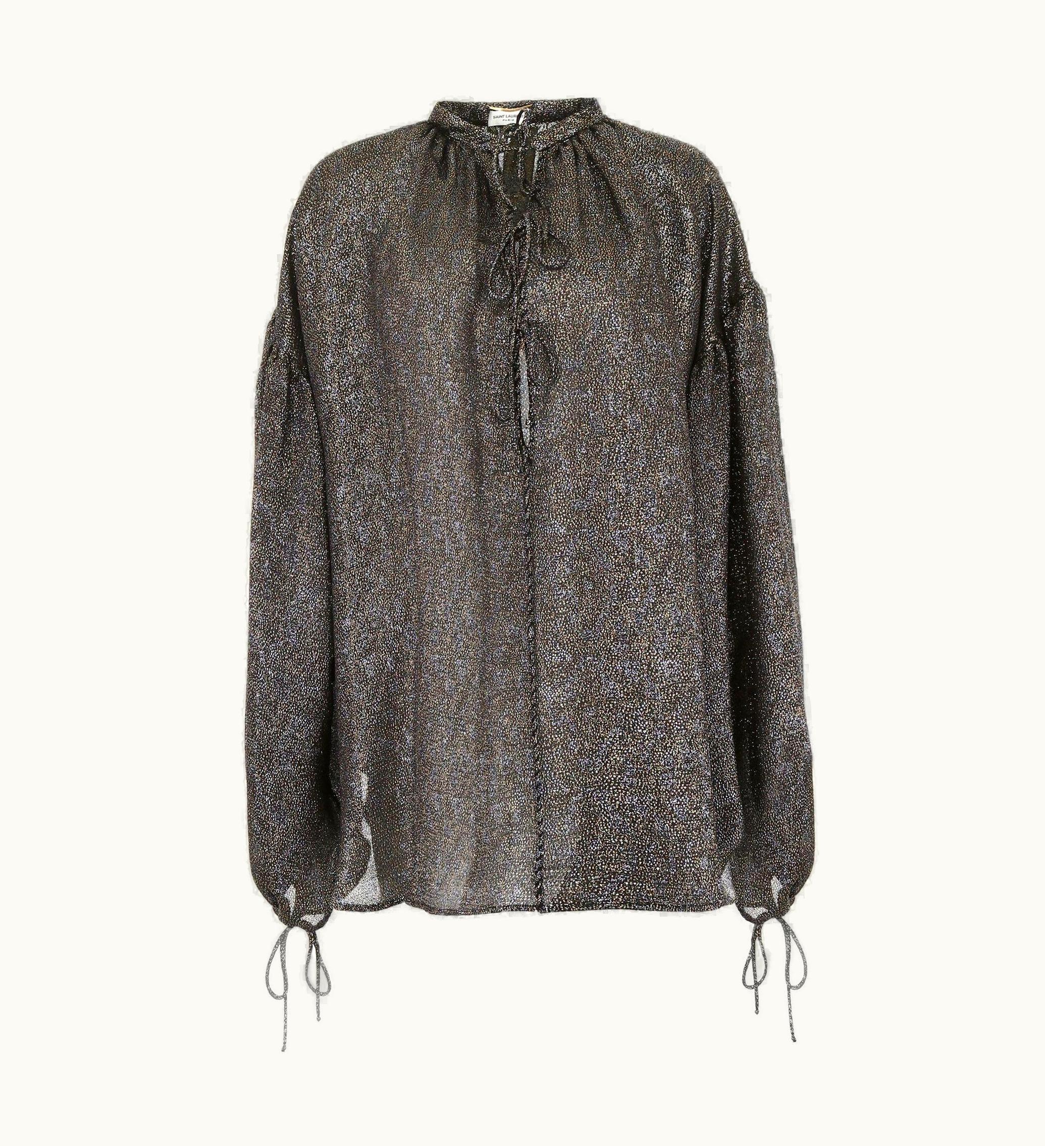 Saint Laurent Saint Laurent Black And Gold Lamé Oversized Poet Silk-Blend Blouse Top UZ0584148