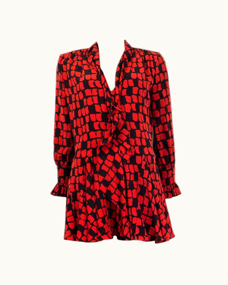 Saint Laurent Saint Laurent Red & Black Printed Silk Pussy Bow Mini Dress