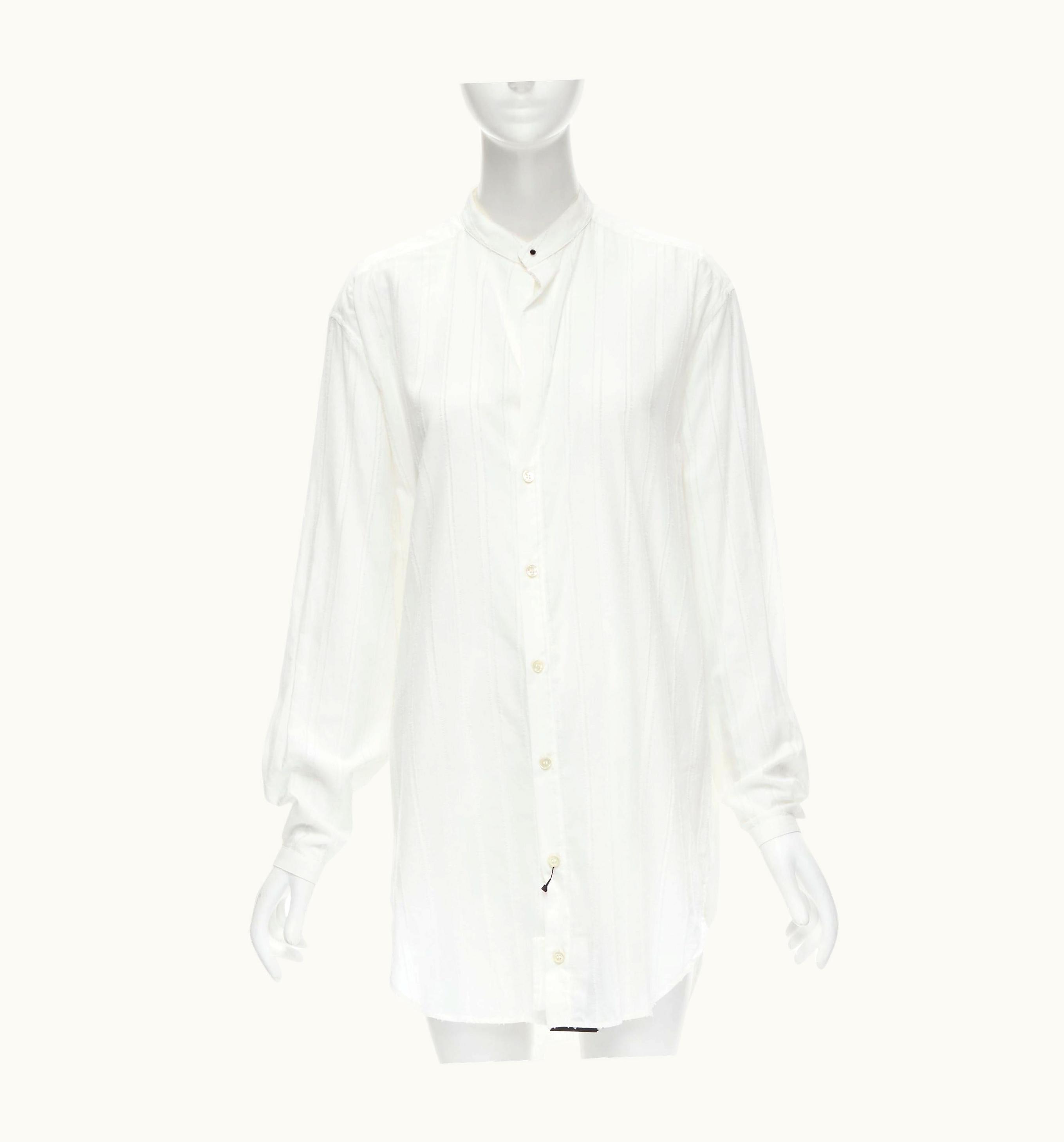 Saint Laurent Saint Laurent 2017 White Fine Cotton Frayed Striped Long Tunic Shirt