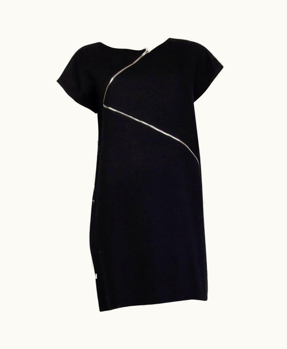Saint Laurent Saint Laurent Black Wool Asymmetric Zip Cap Sleeve Dress