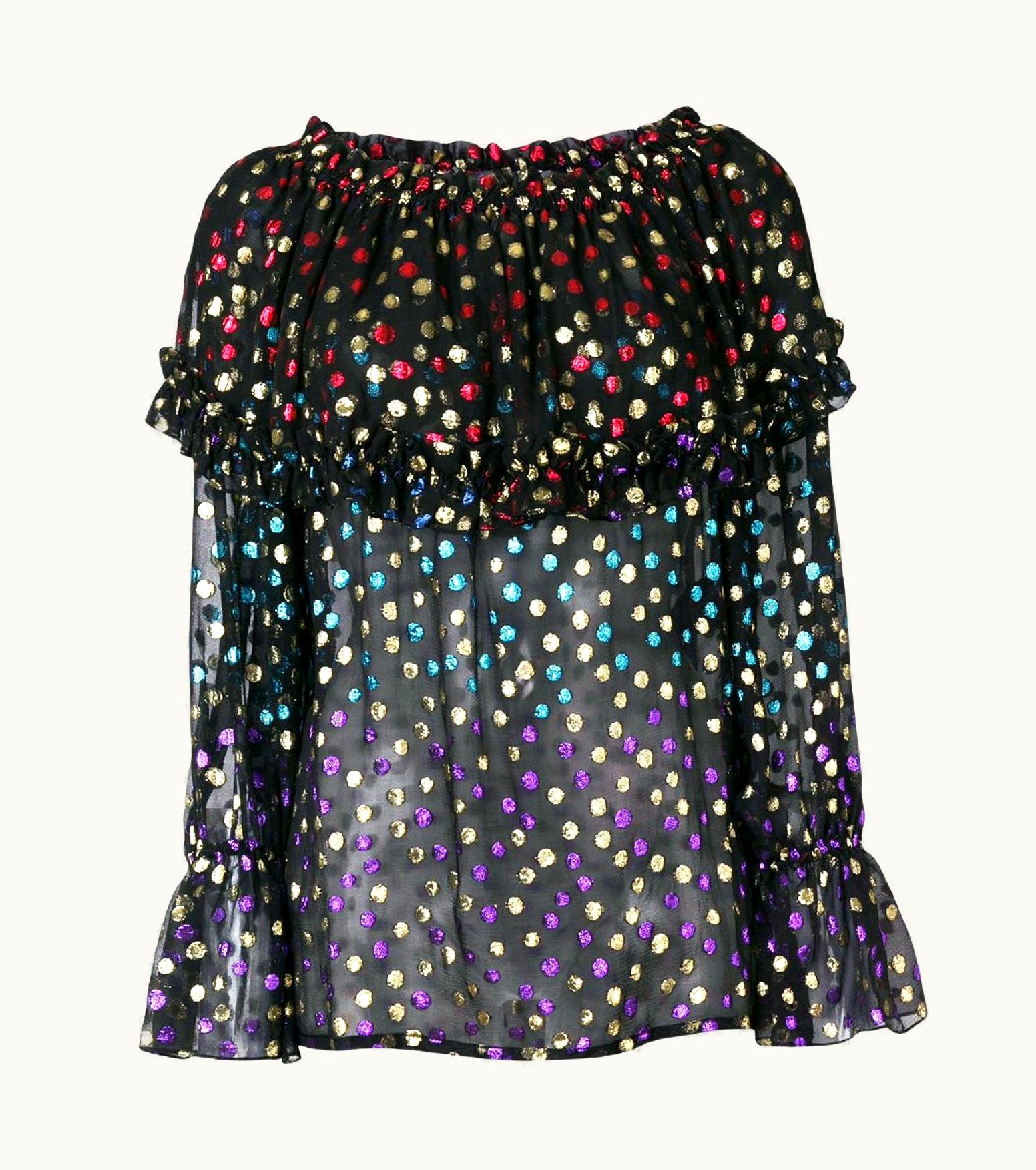 Saint Laurent Saint Laurent Black Off-Shoulder Fil Coupé Chiffon Polka Dot Blouse Top Fr