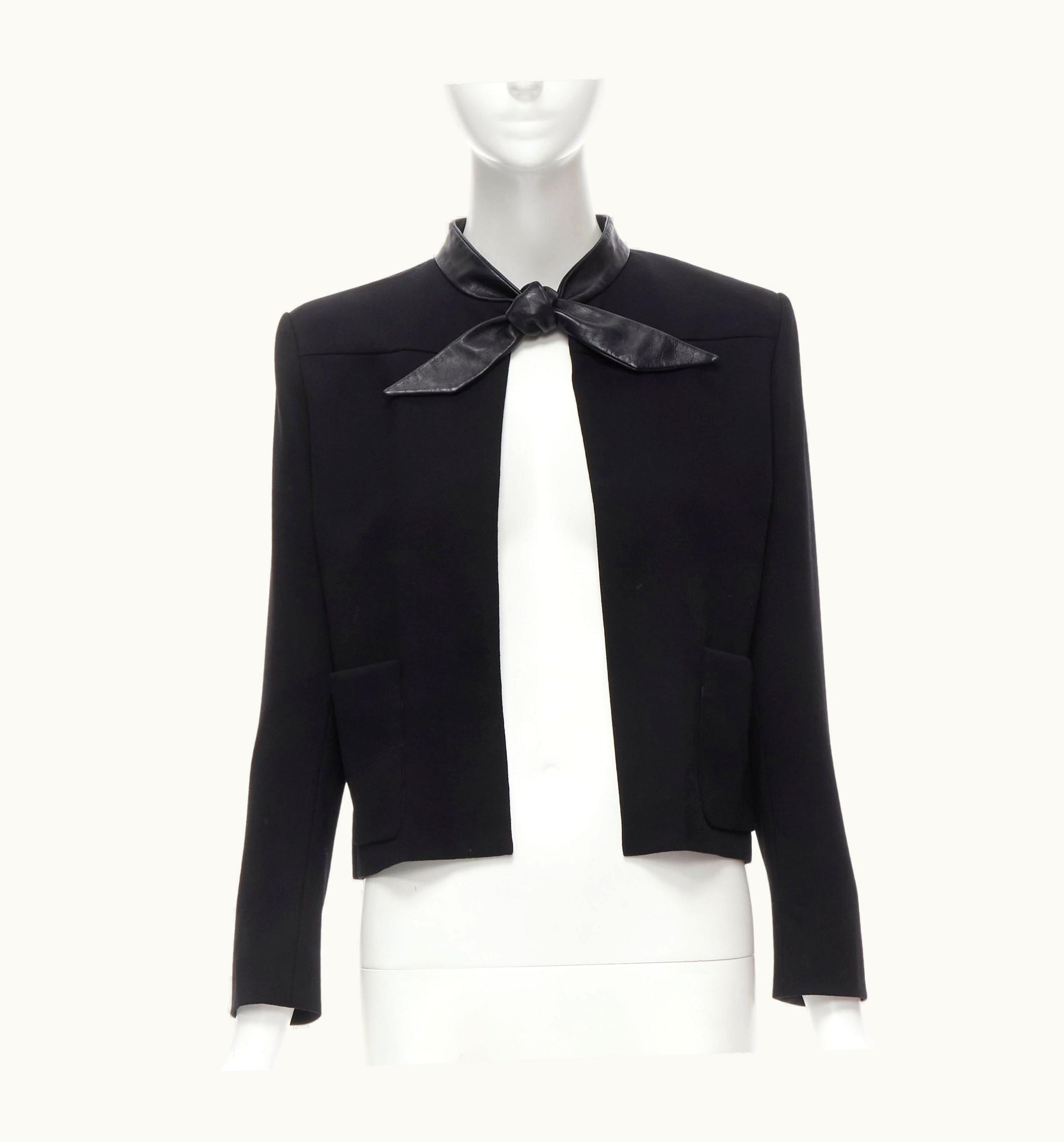 Saint Laurent Saint Laurent 2012 Hedi Slimane Black Leather Tie Collar Wool Crepe Blazer Boler