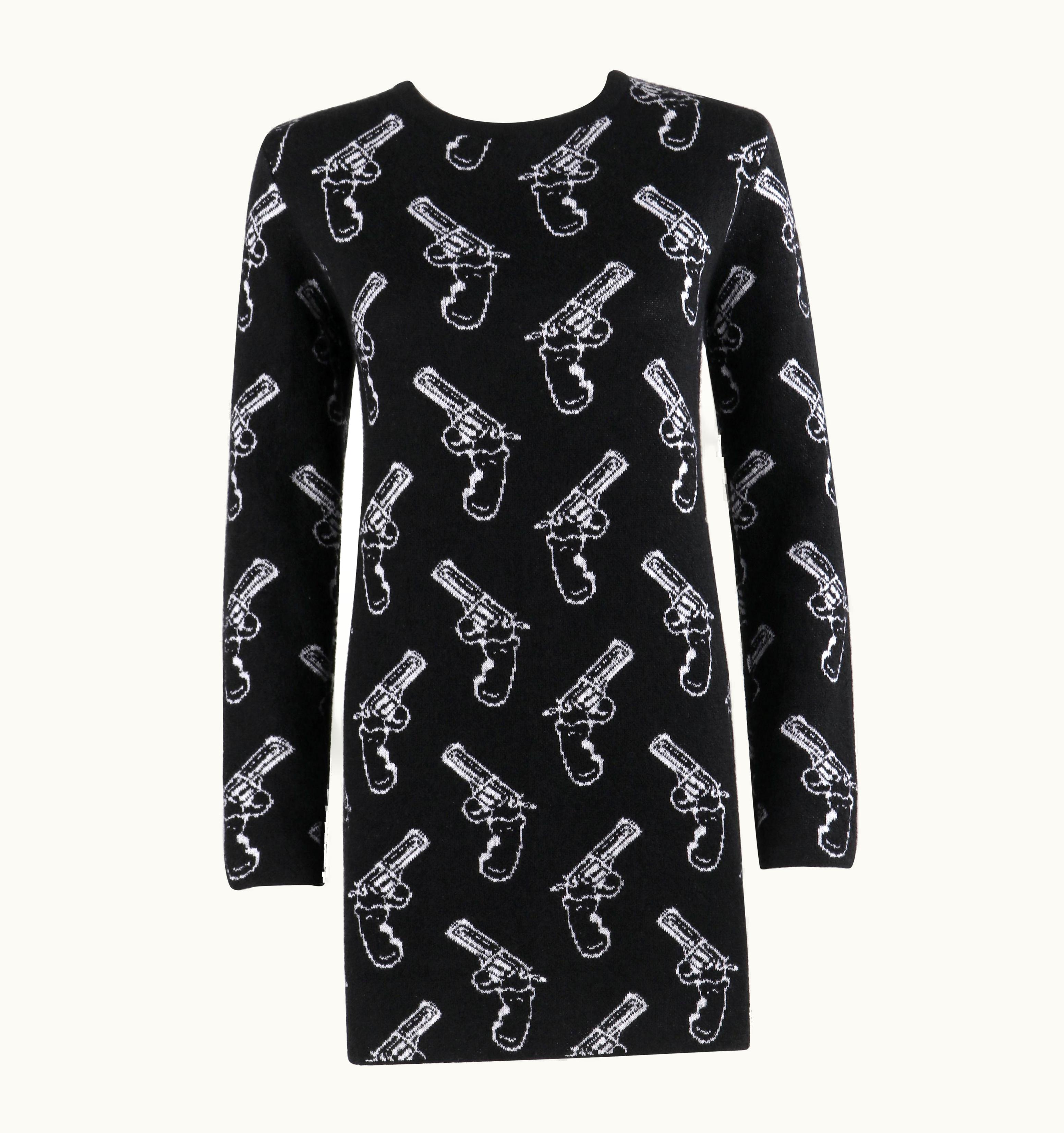 Saint Laurent Saint Laurent C.2014 Black Ivory Gun Print Long Sleeve Mini Shift Sweater Dress