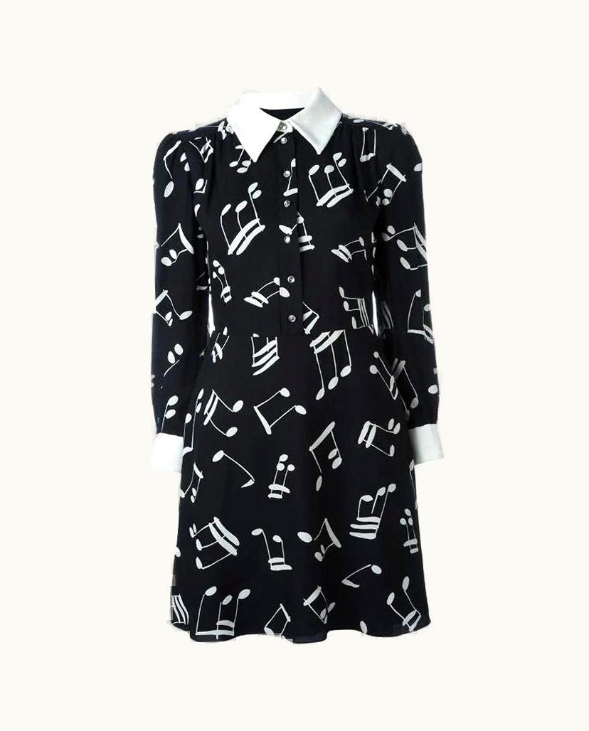Saint Laurent Saint Laurent Black Viscose Long Sleee Music Note Shirt Dress