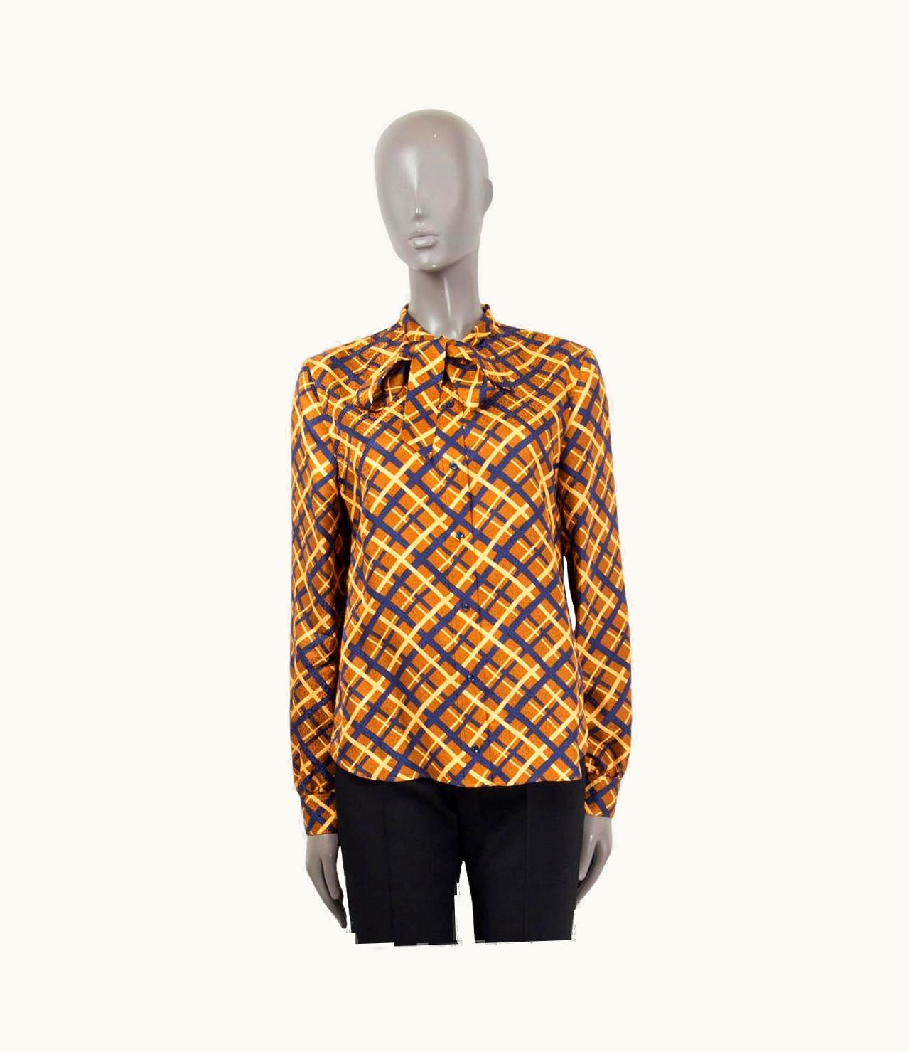 Etro Saint Laurent Cognac Silk Retro Print Pussy Bow Blouse Shirt