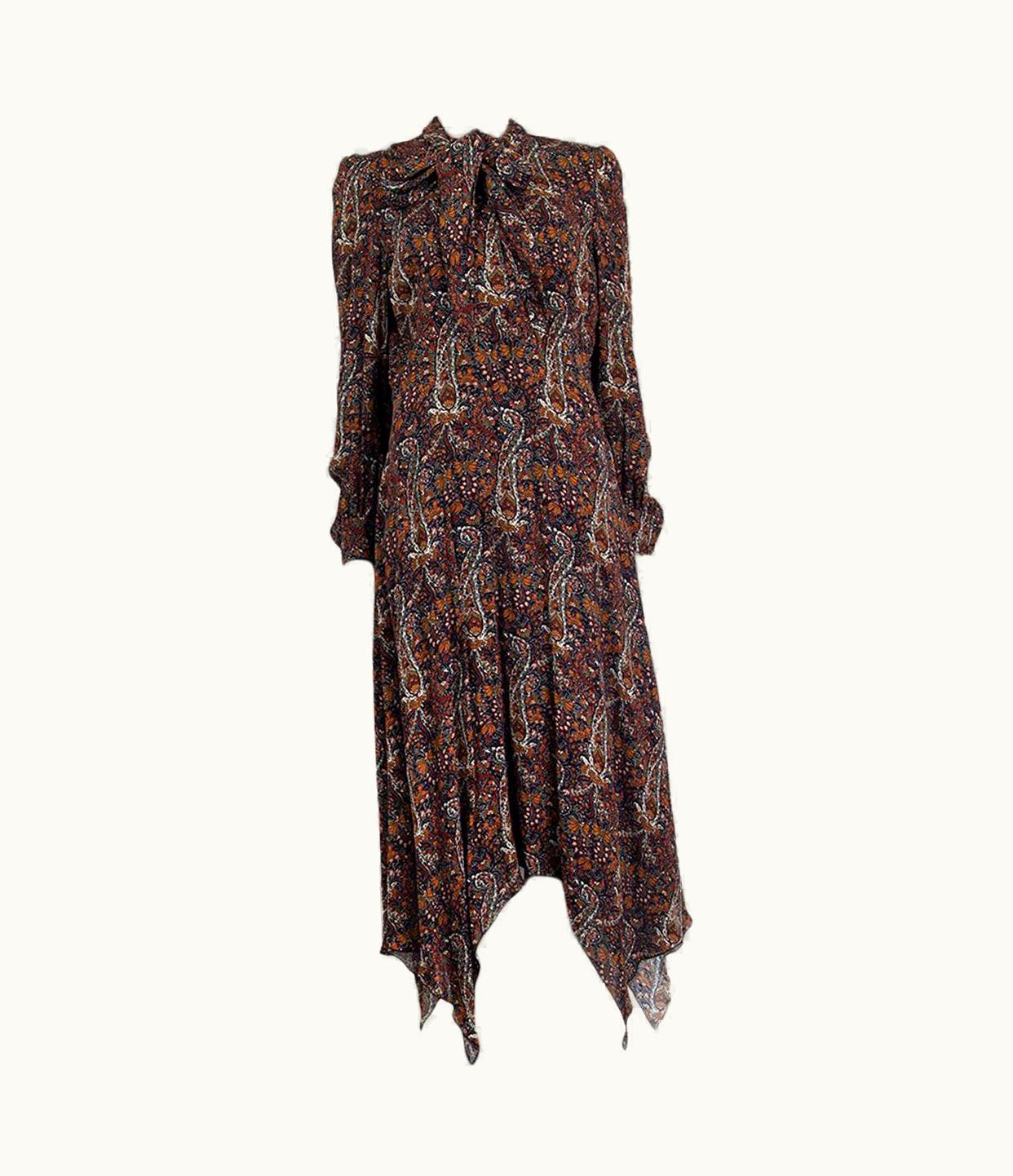 Saint Laurent Saint Laurent Brown Long Sleee Paisley Crepe Pussy Bow Midi Dress