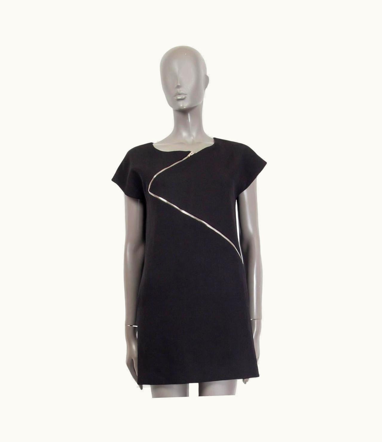 Saint Laurent Saint Laurent Black Wool Asymmetric Zipper Cap Sleeve Dress