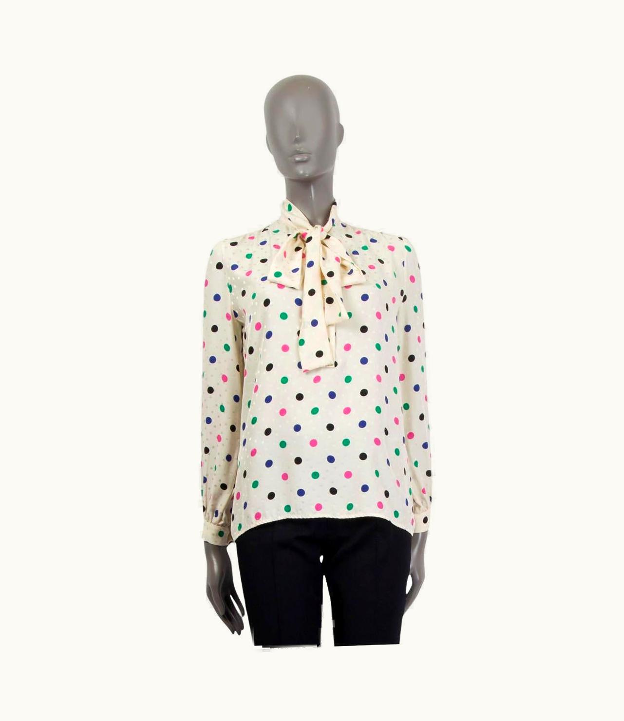 Saint Laurent Saint Laurent Ivory & Multicolor Silk Dotted Pussy Bow Blouse Shirt