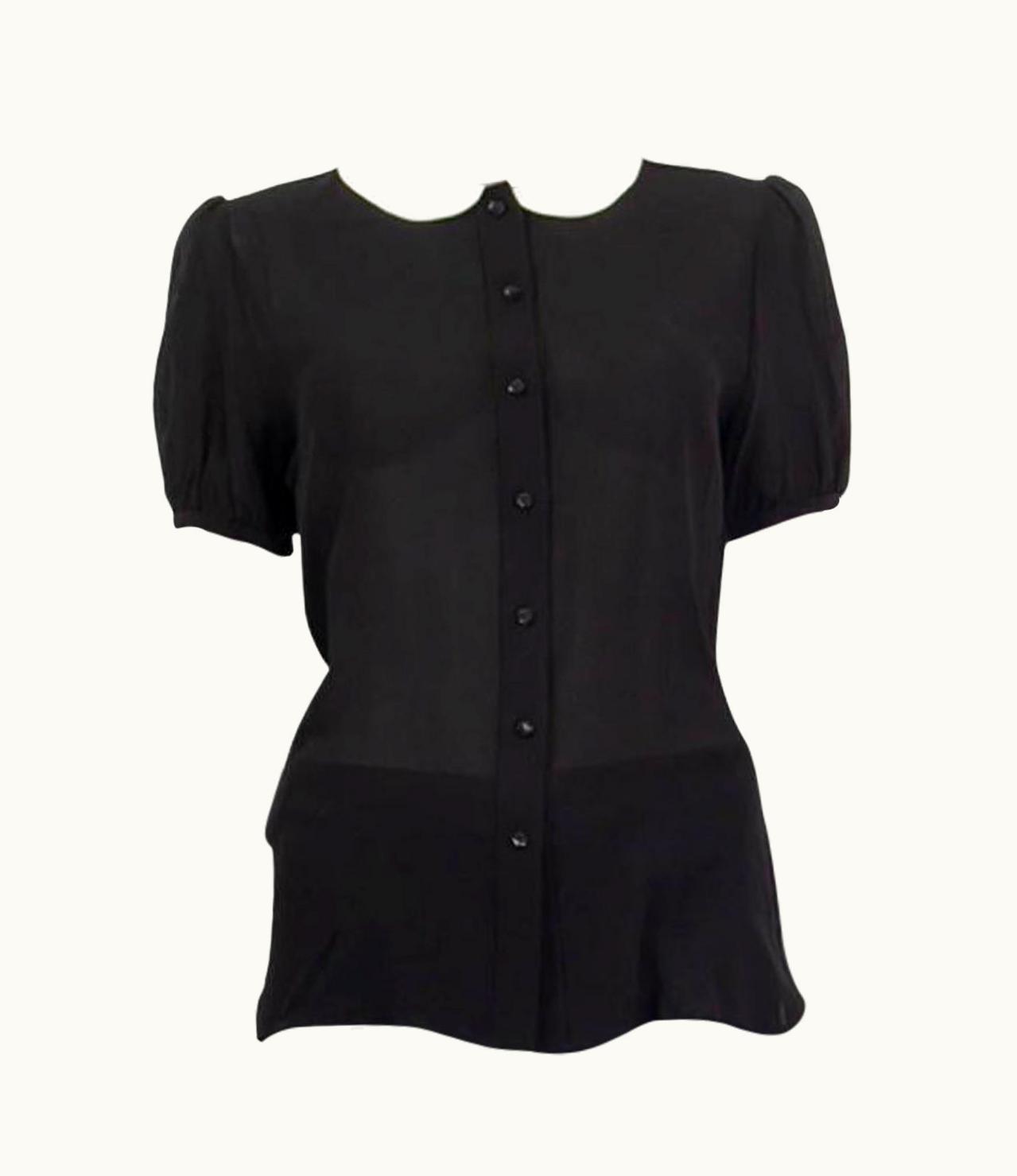 Saint Laurent Saint Laurent Black Silk Sheer White Collar Short Sleeve Shirt Blouse