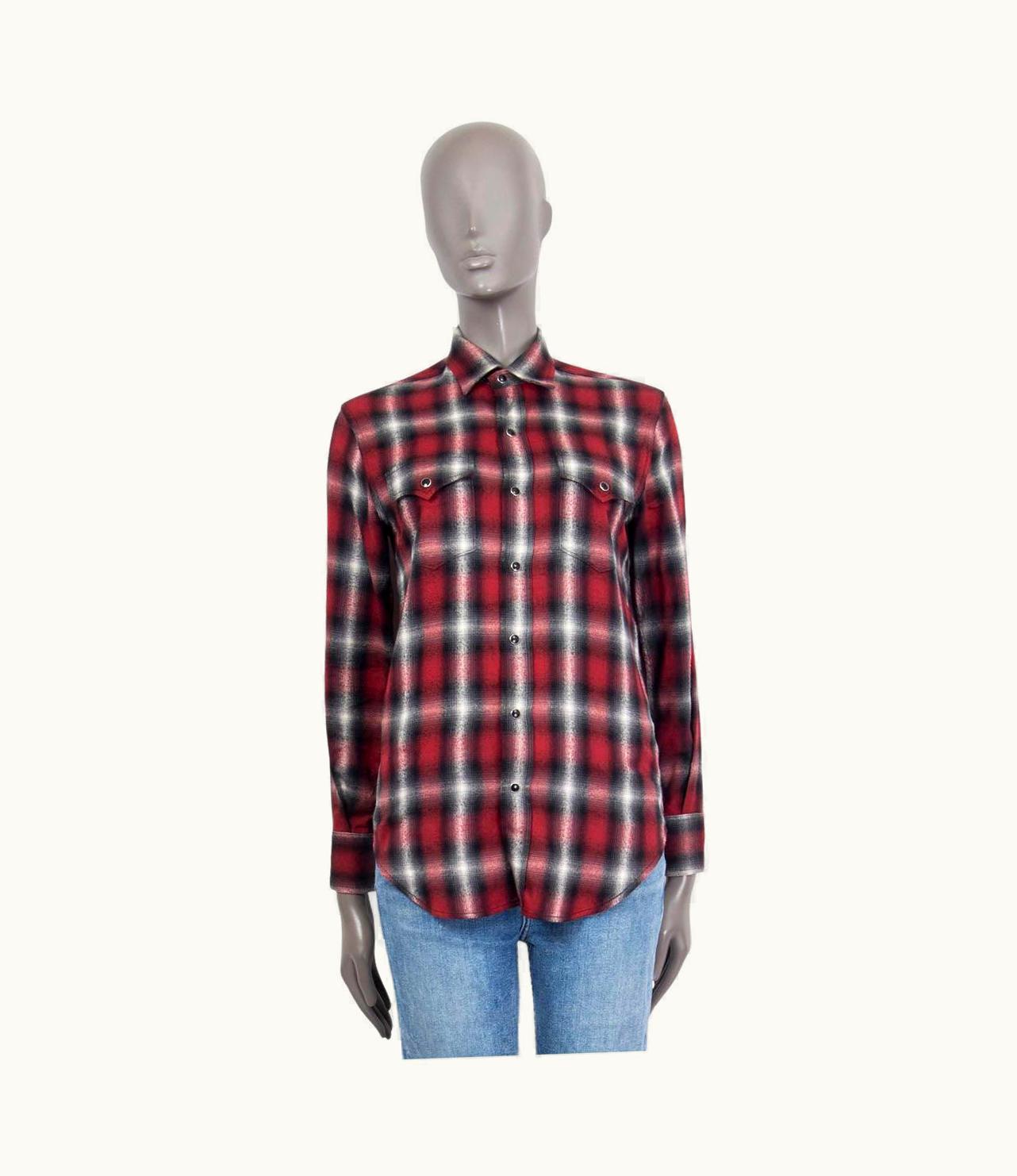 Saint Laurent Saint Laurent Red & Grey Cotton Flannel Plaid Check Button-Up Shirt