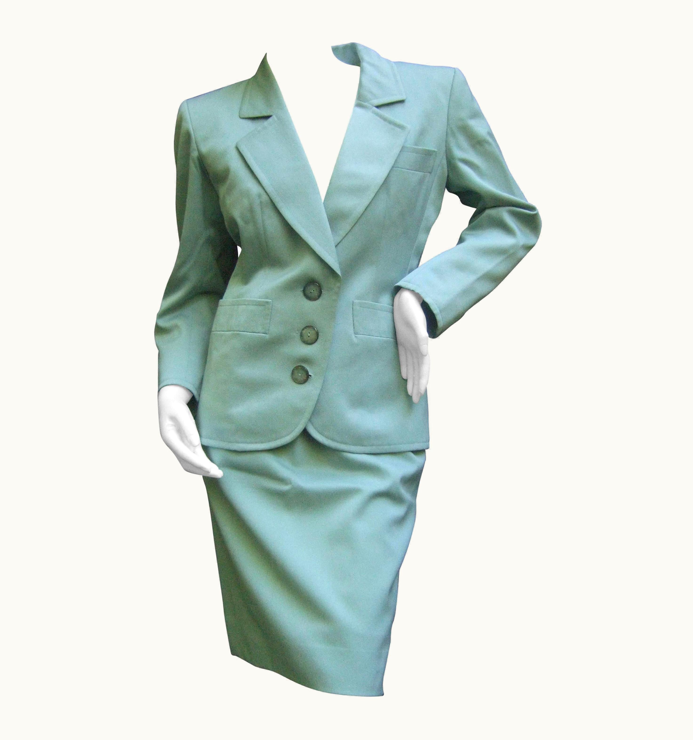 Saint Laurent Yves Saint Laurent Couture Sage Green Suit. 1980' Power Dressing