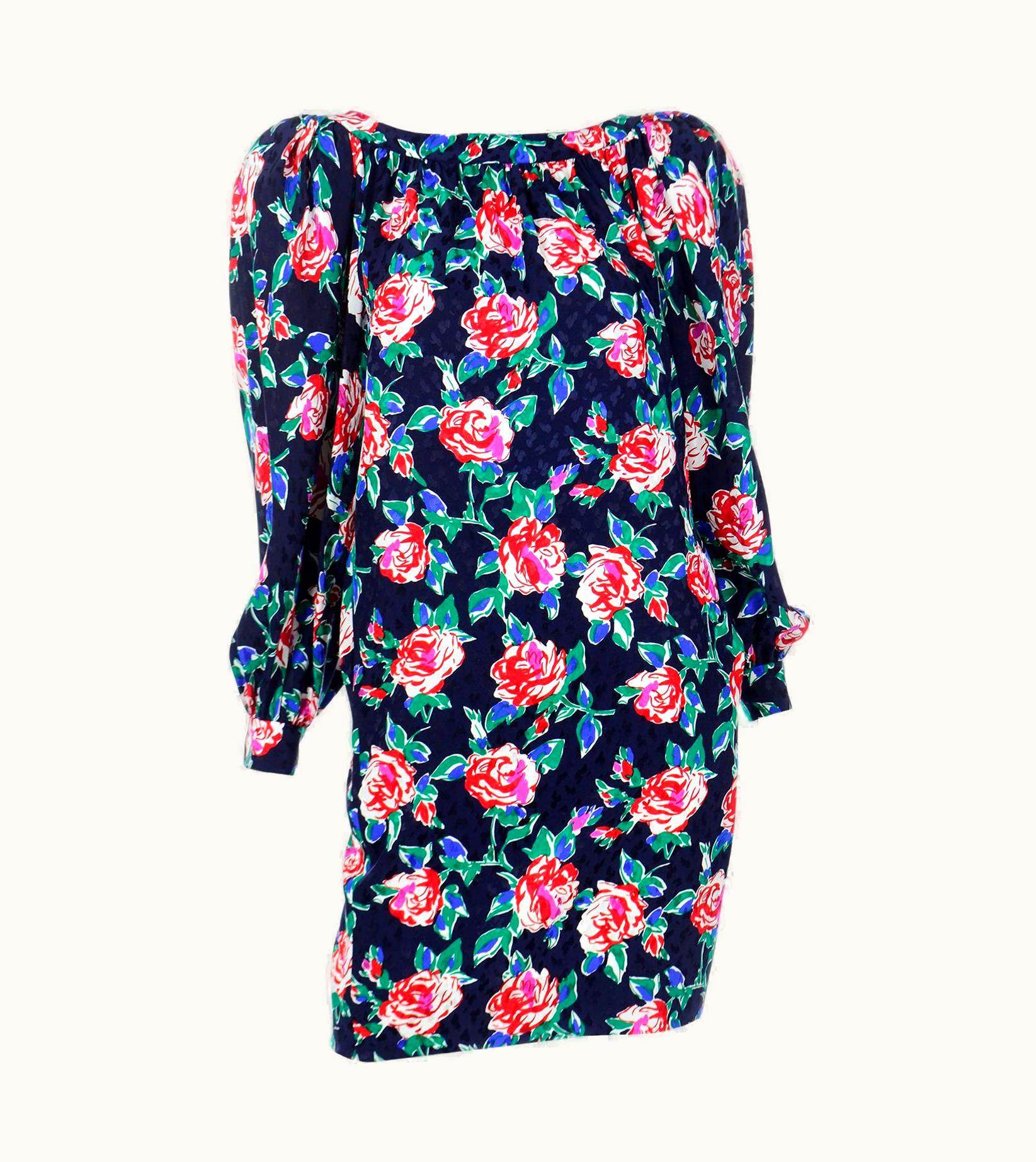 Saint Laurent Vintage Yves Saint Laurent Navy Blue Green And Pink Floral Print Silk Dress