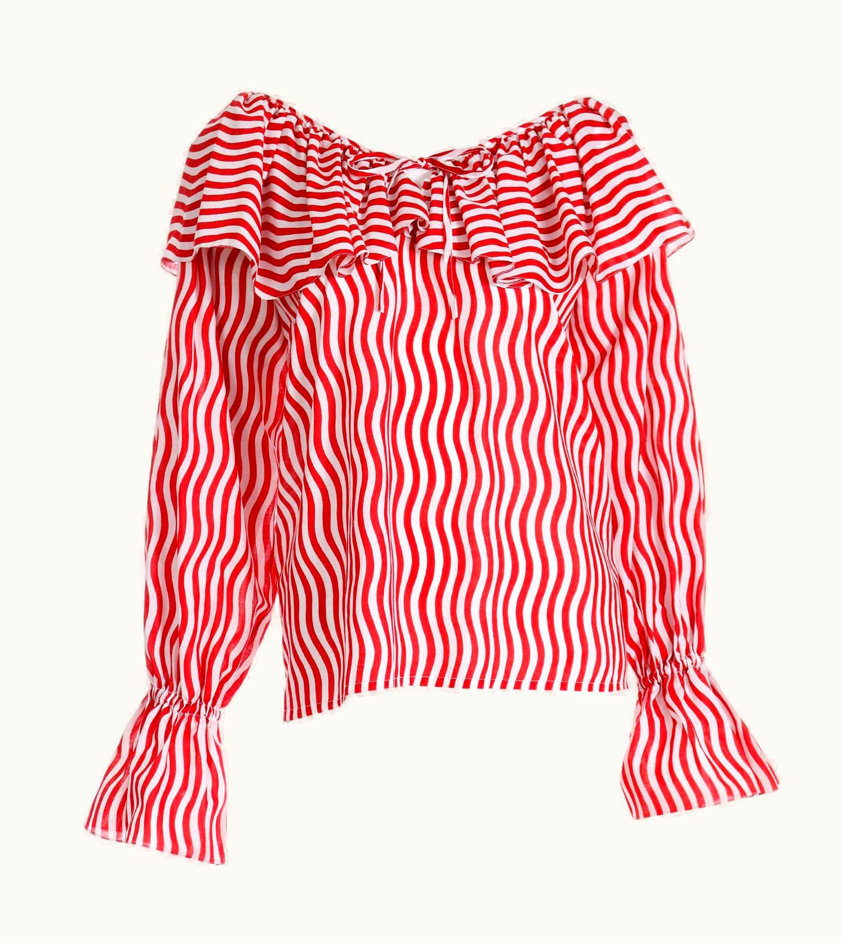Saint Laurent 1980 Runway Yves Saint Laurent Red & White Striped Ruffled Blouse