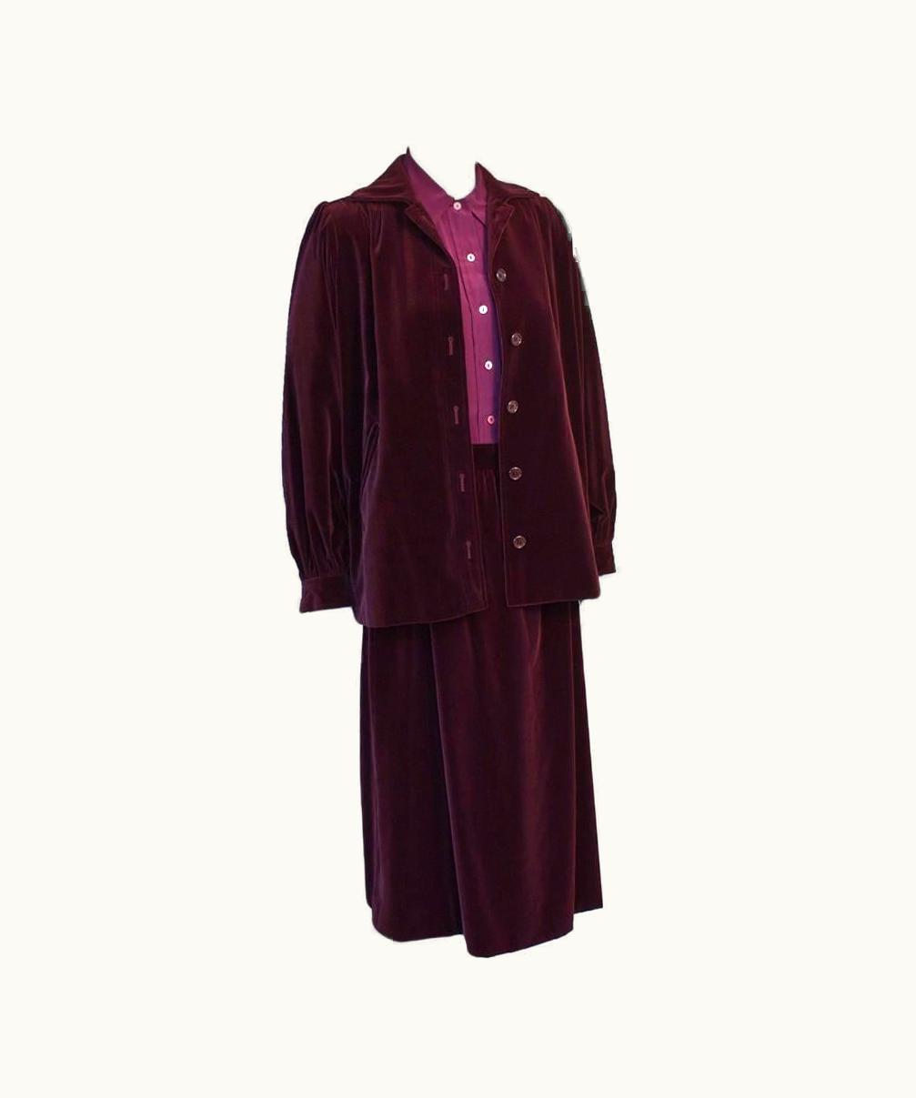 Saint Laurent 1980' Yves Saint Laurent YSL Purple Velvet Skirt Suit