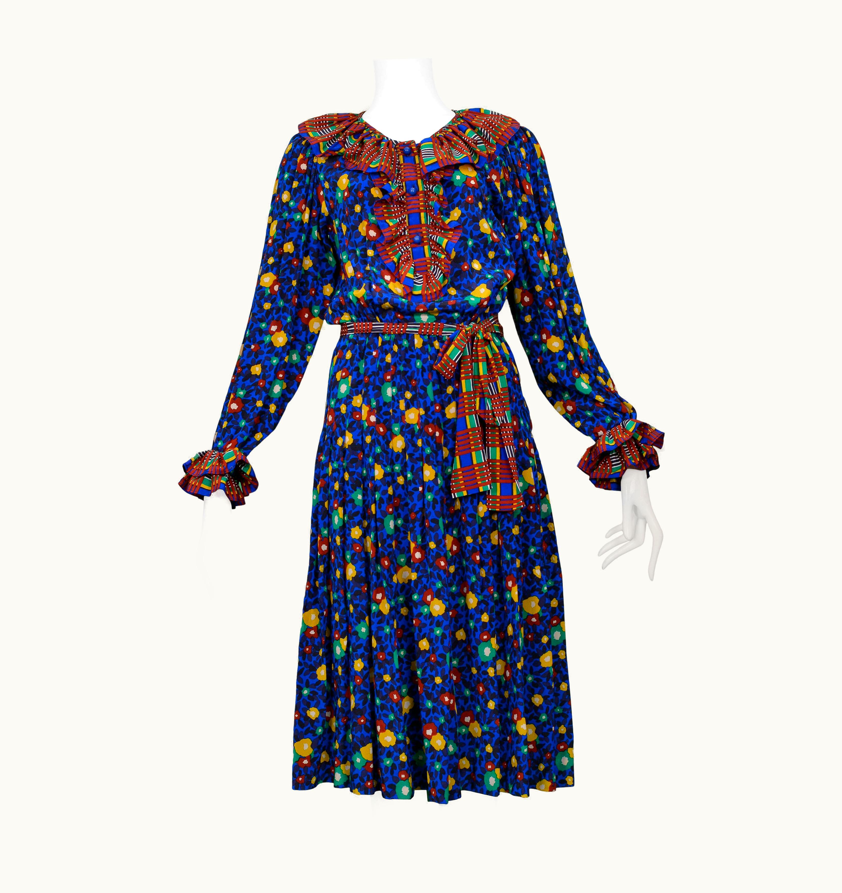 Saint Laurent Yves Saint Laurent YSL Blue Floral With Plaid Trim Dress 1980