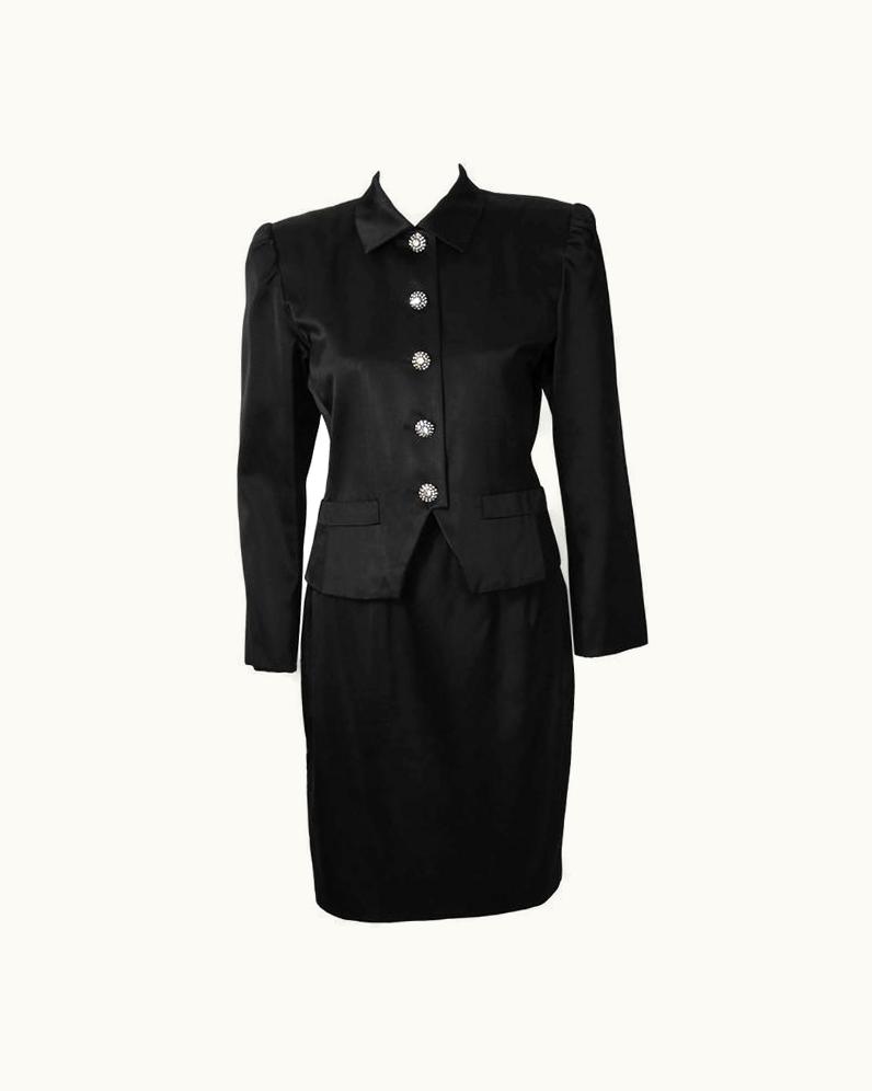 Saint Laurent 1980' Yves Saint Laurent YSL Black Satin Suit With Rhinestone Buttons