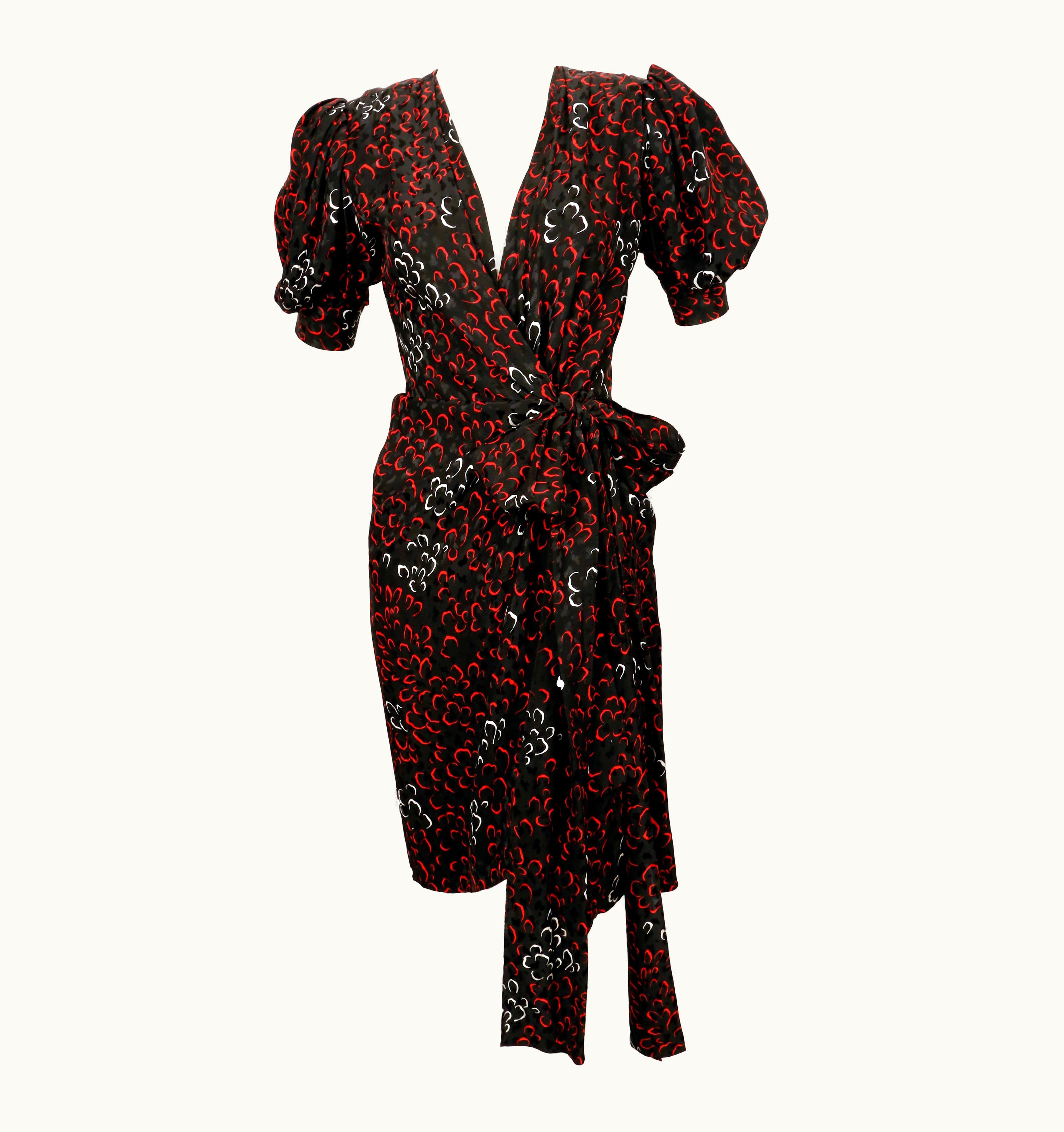 Saint Laurent Early 1980' Yves Saint Laurent Abstract Woven Silk Wrap Dress With Puff Sleeves