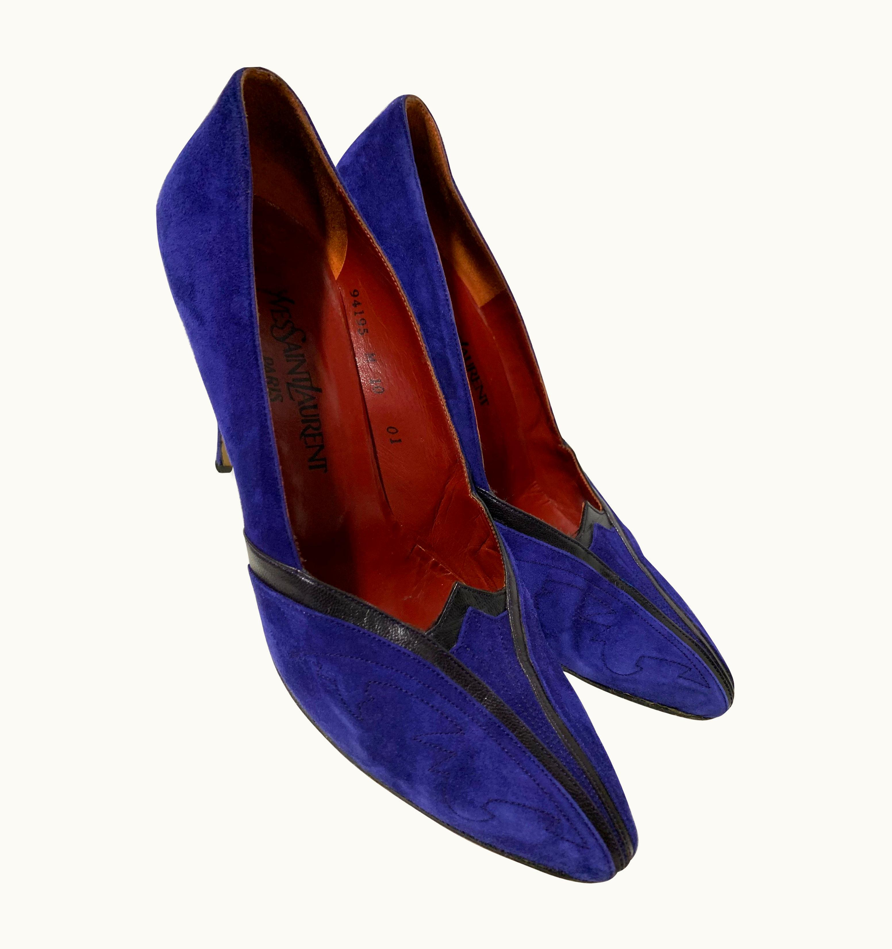Saint Laurent 1980 Yves Saint Laurent Electric Purple Suede Pumps W/Black Piping m