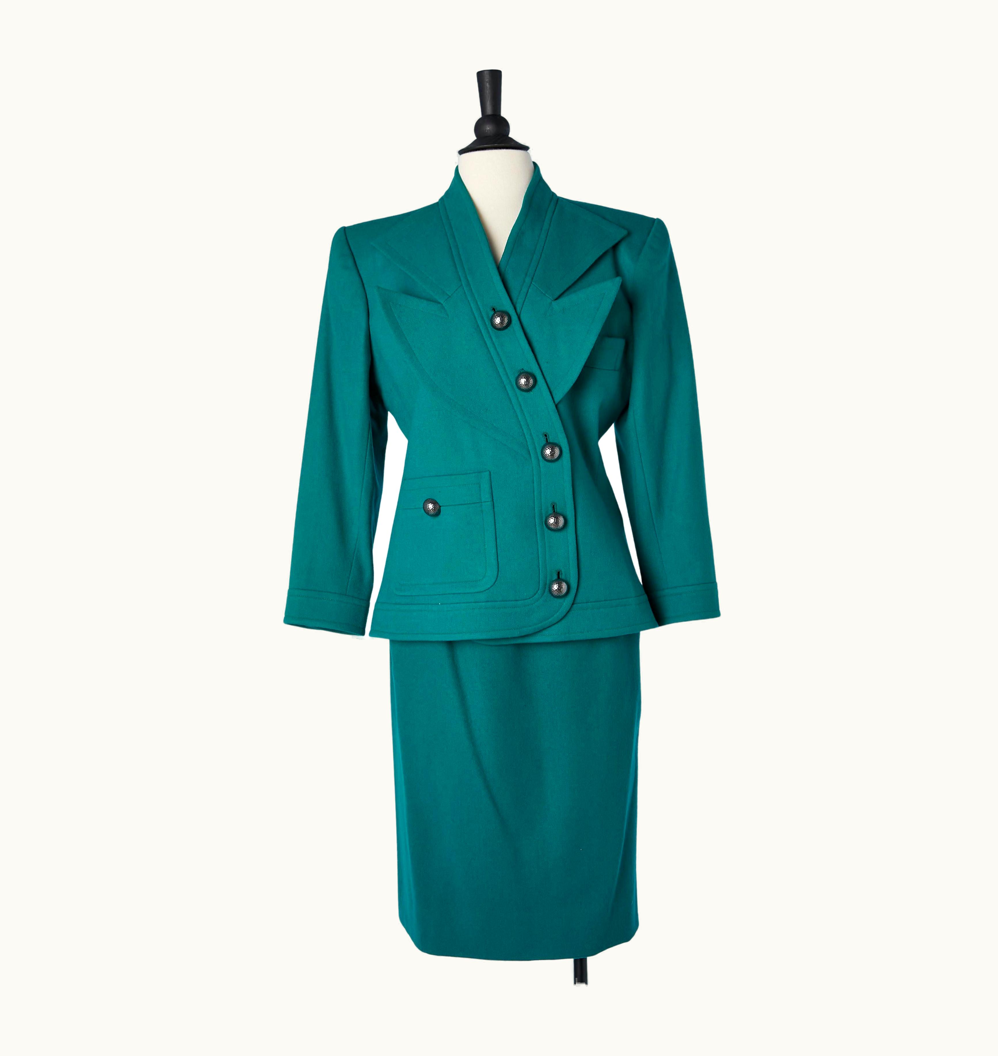 Saint Laurent Green Wool Skirt-suit With Graphic Collar Saint Laurent Rive Gauche Circa 1980'
