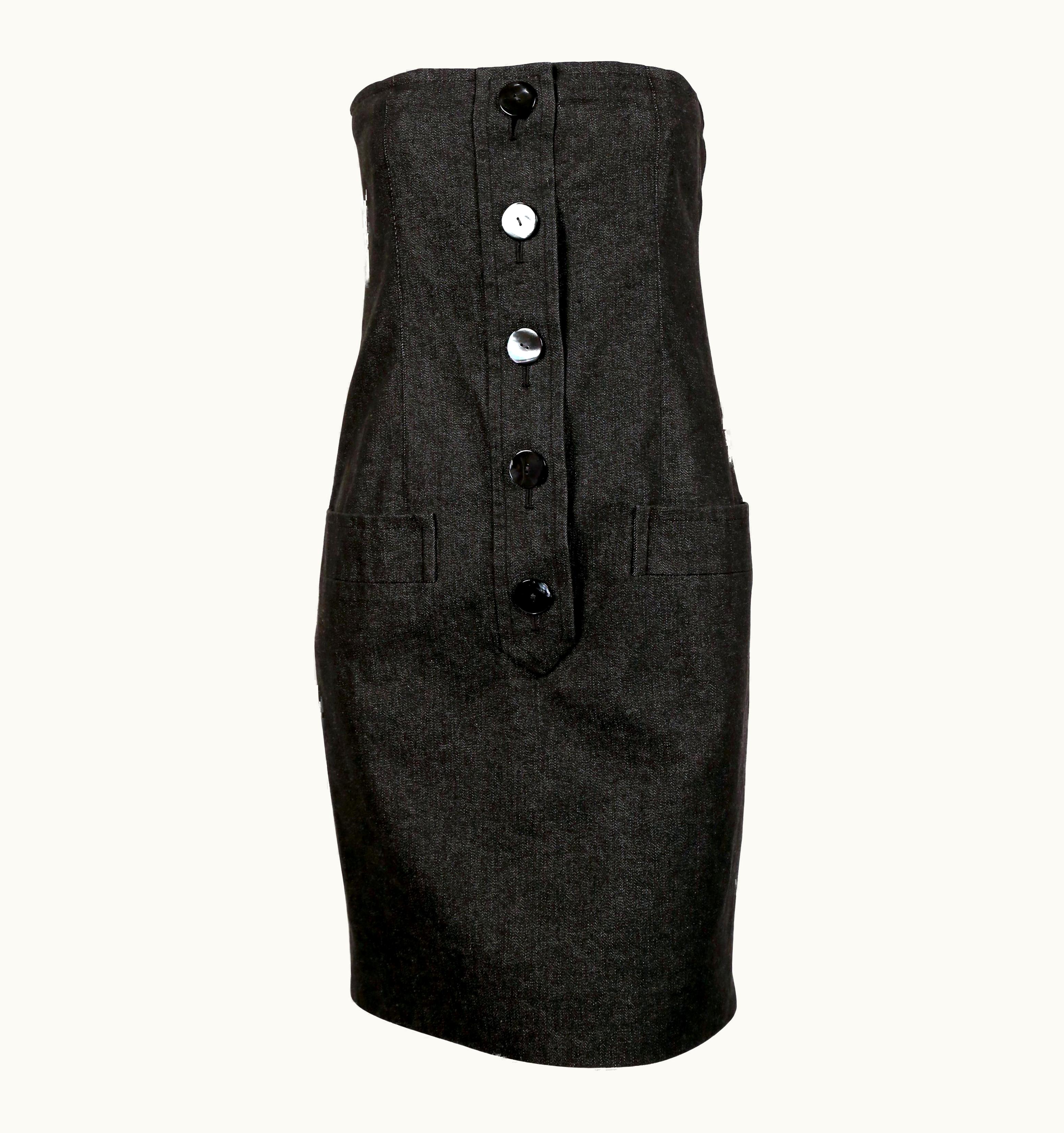 Saint Laurent 1980' Yves Saint Laurent Black Denim Strapless Dress With Shell Buttons