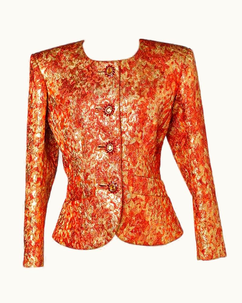 Saint Laurent 1980 Yves Saint Laurent Gold Lamé And Orange Silk Jacket With Jewelled Buttons
