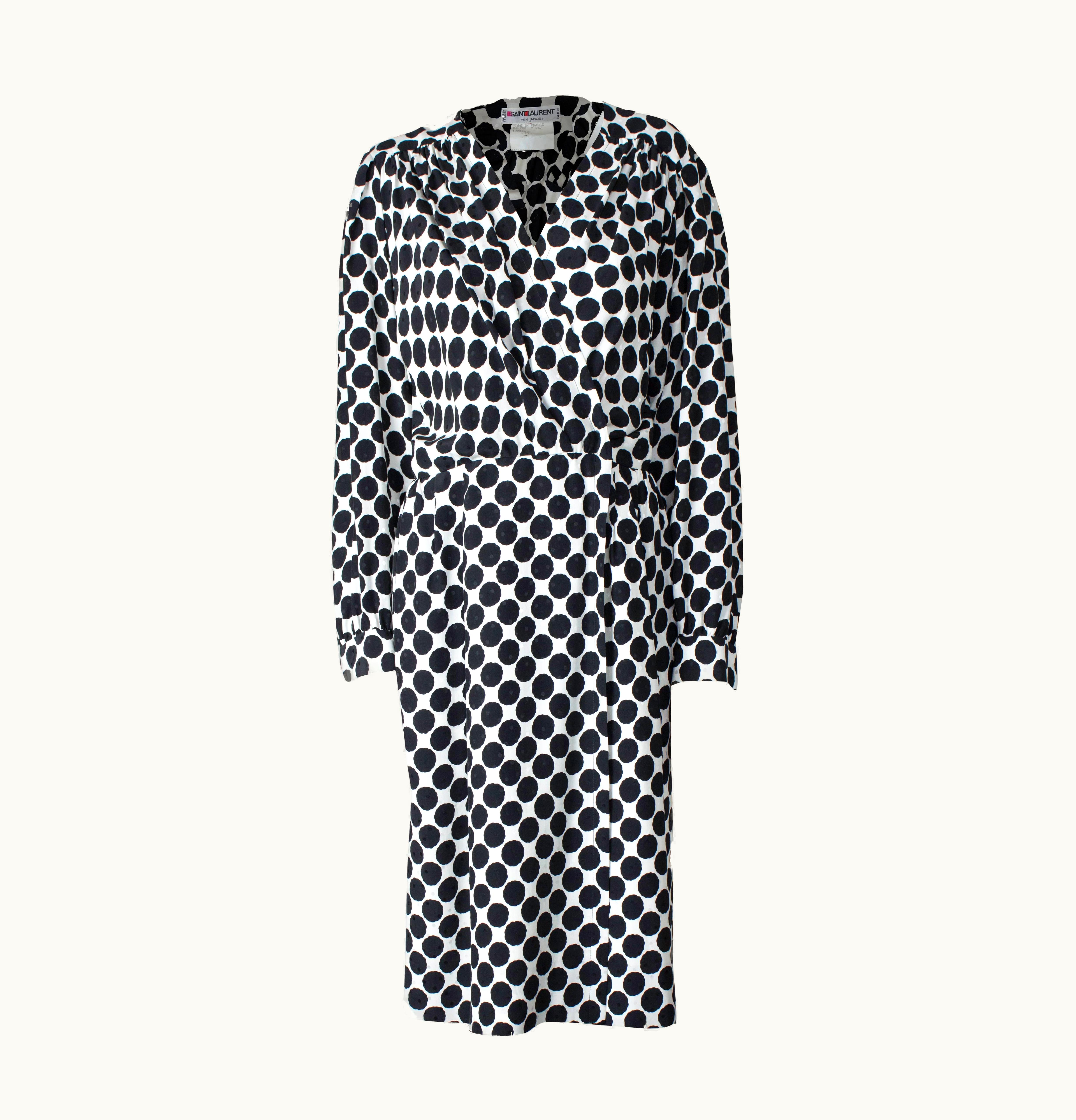Saint Laurent Saint Laurent Opt Art Wraparound Embossed Silk Dress With Black Dots, Circa 1980