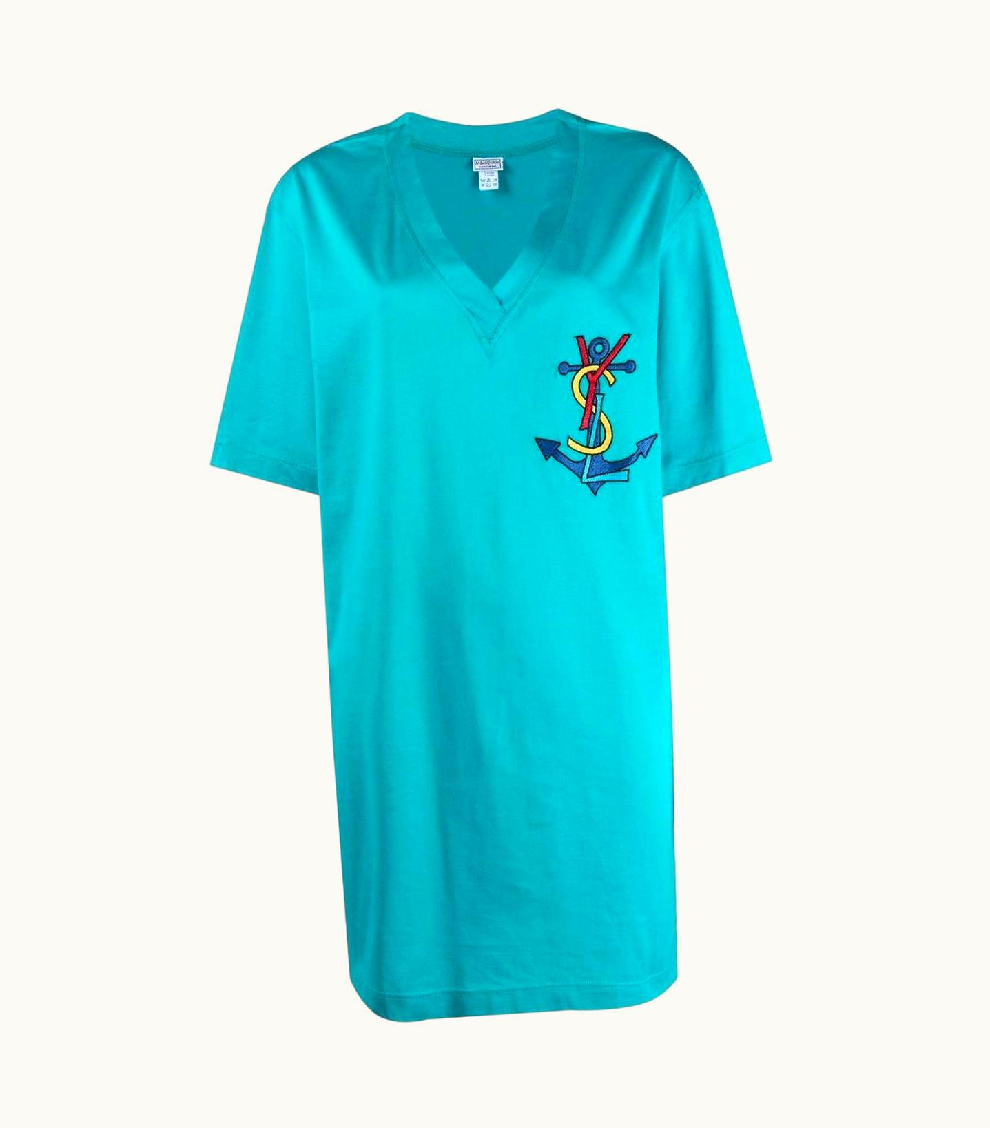 Saint Laurent Yves Saint Laurent YSL Logo Turquoise Cotton Dress