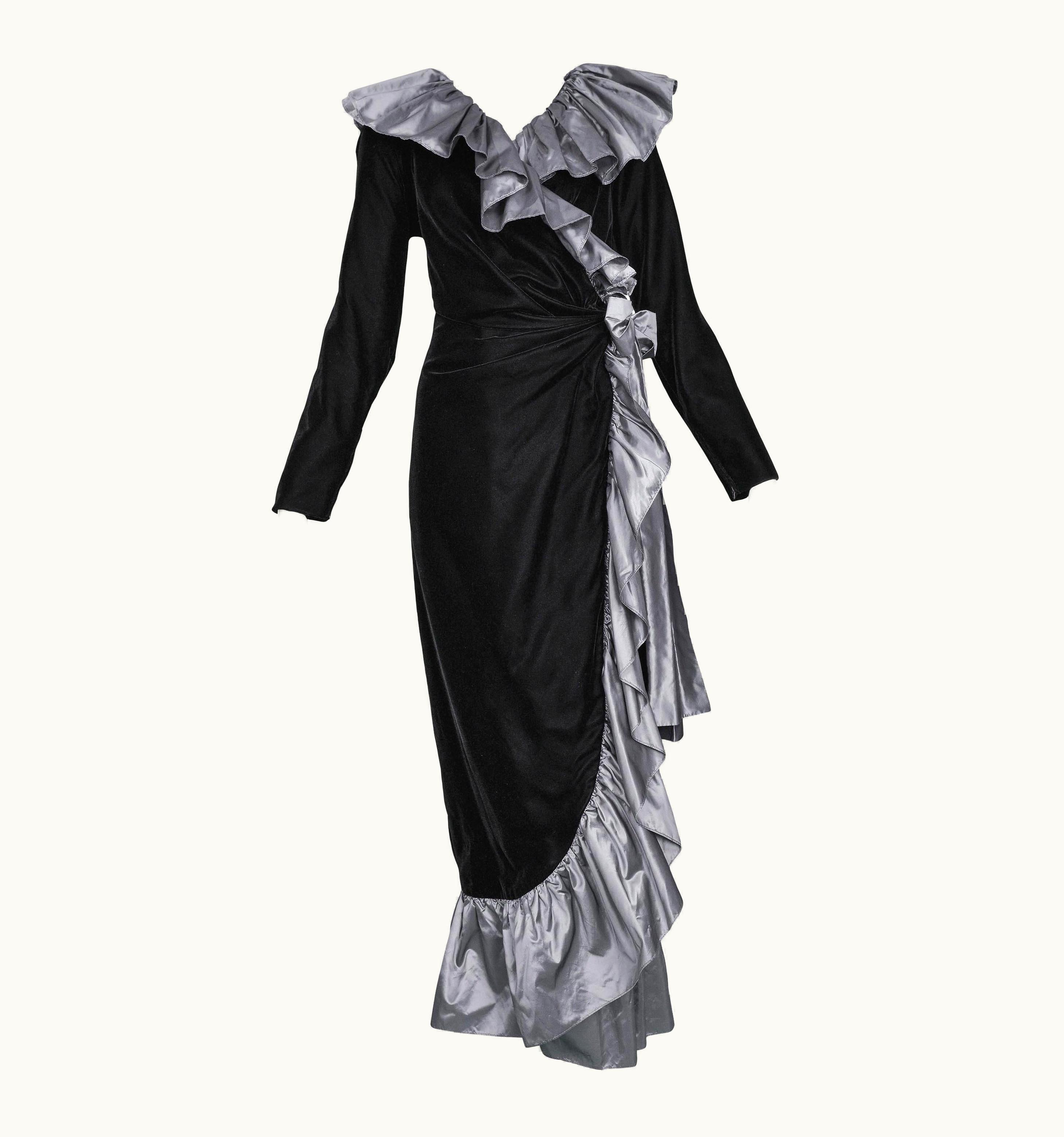 Saint Laurent Yves Saint Laurent Silver Taffeta Ruffle Gown, 1980s