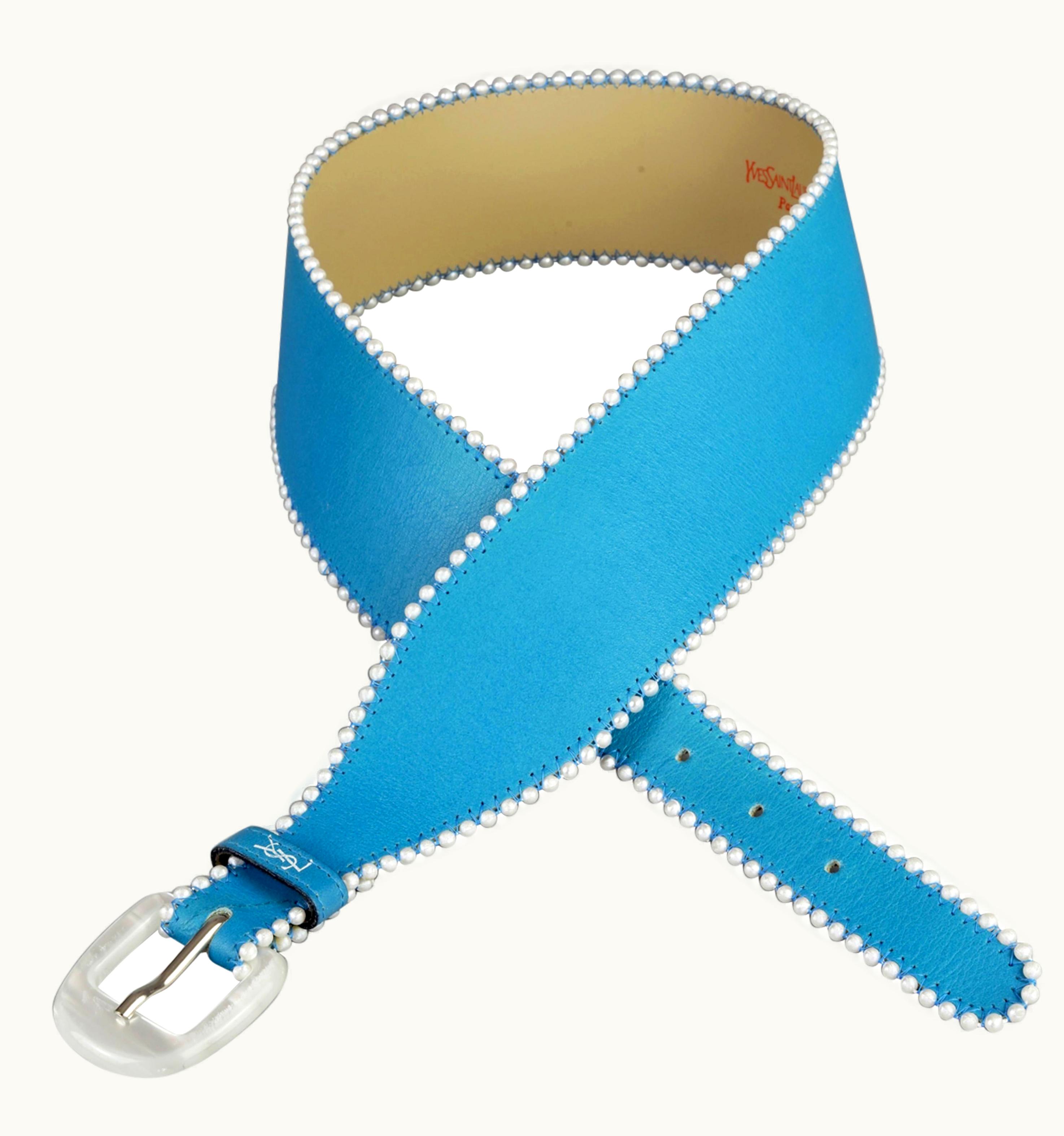 Saint Laurent Vintage Yves Saint Laurent YSL Logo Pearl Blue Belt