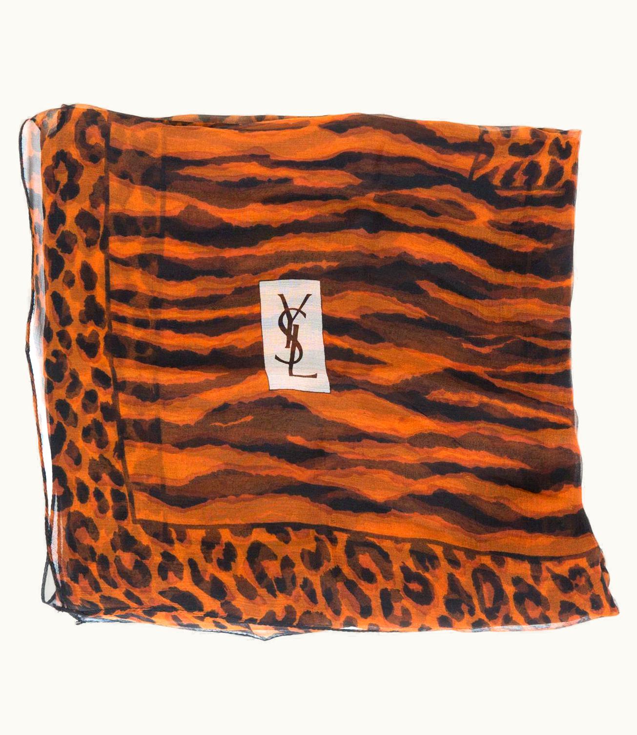 Saint Laurent Brown YSL Saint Laurent Animal Print Georgette Silk Shawl