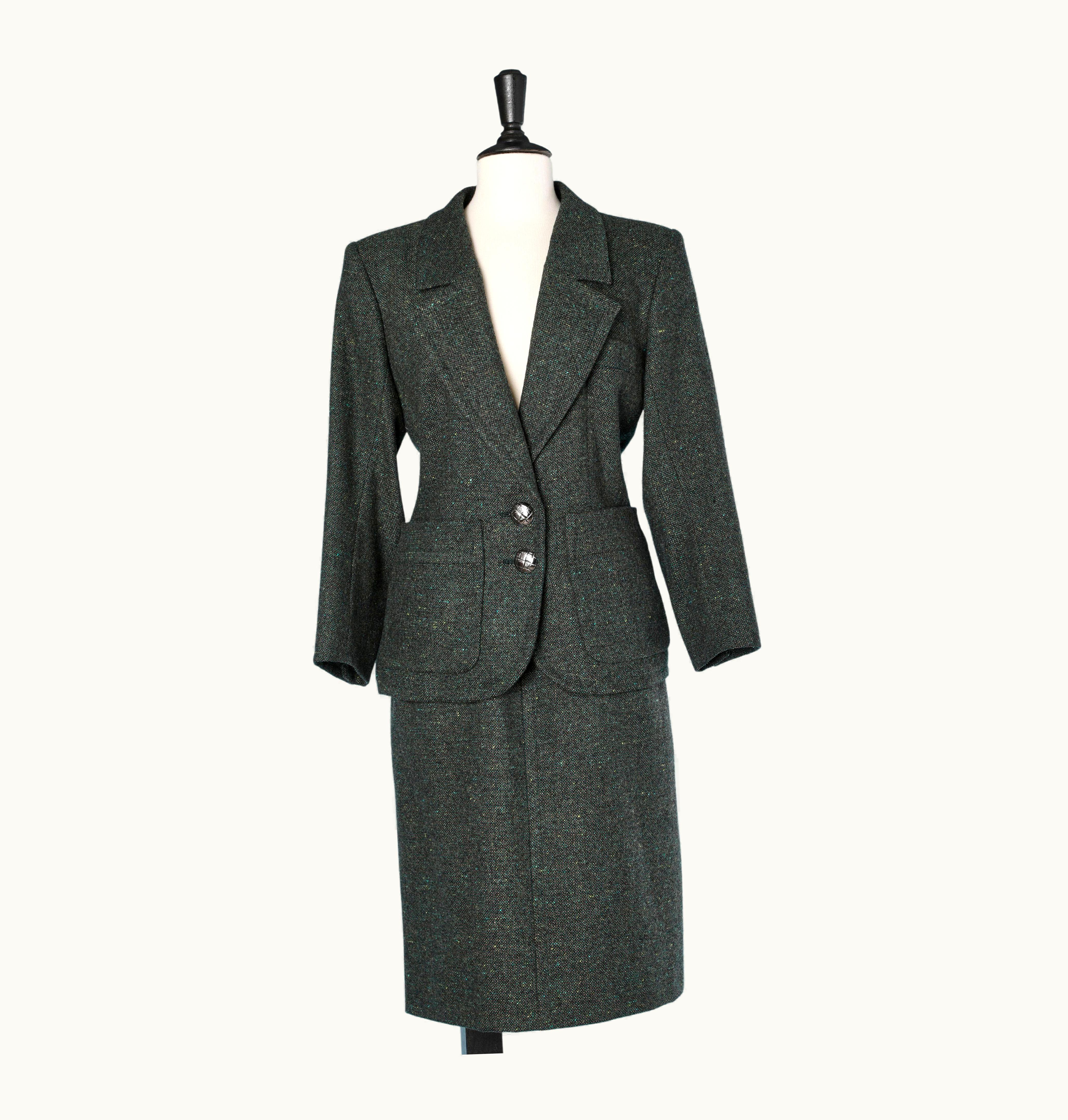 Saint Laurent Dark Green Wool Tweed Skirt-suit Yves Saint Laurent Rive Gauche Circa 1980'