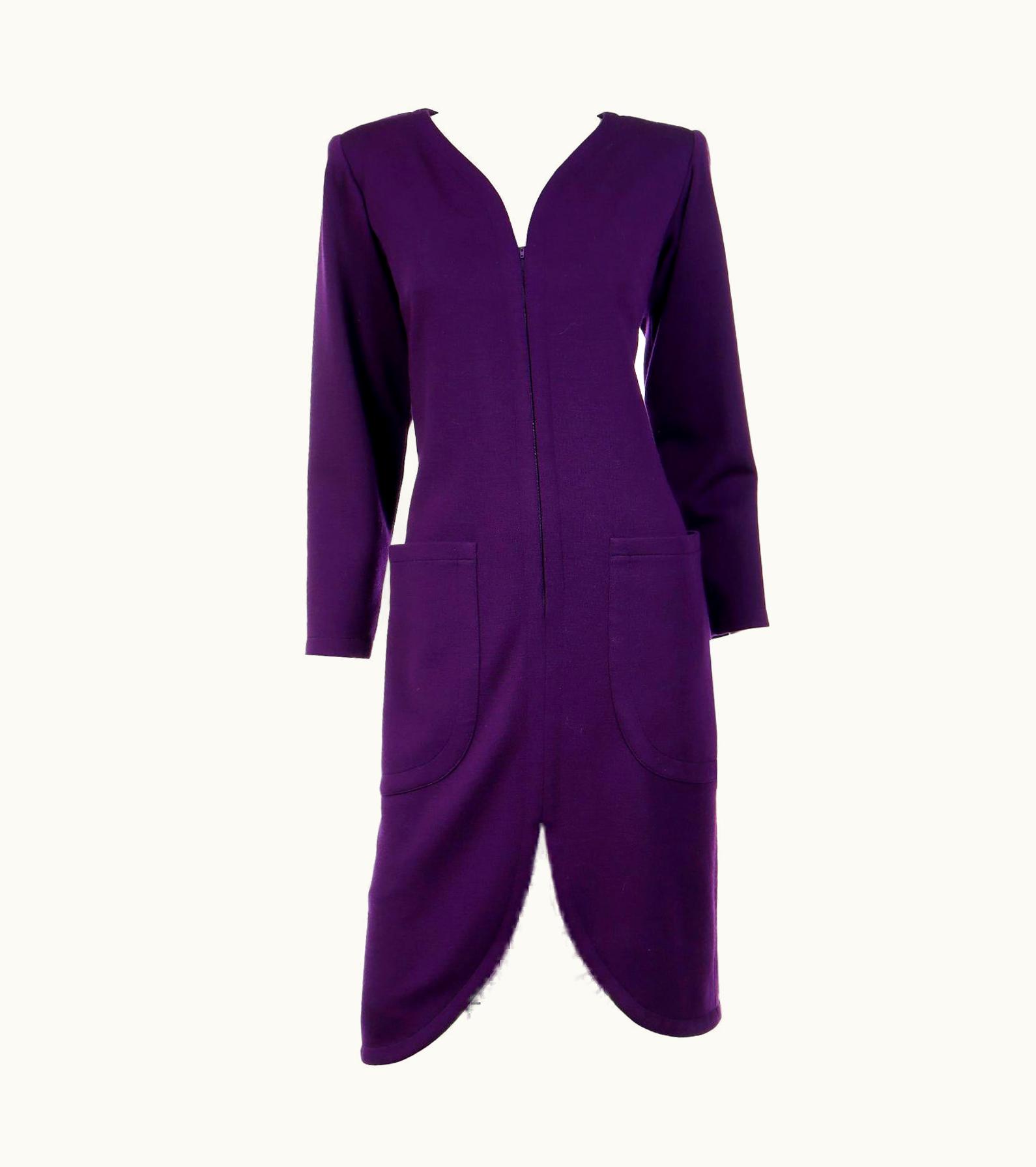 Saint Laurent 1984 Yves Saint Laurent Vintage Purple Zip Front Runway Dress