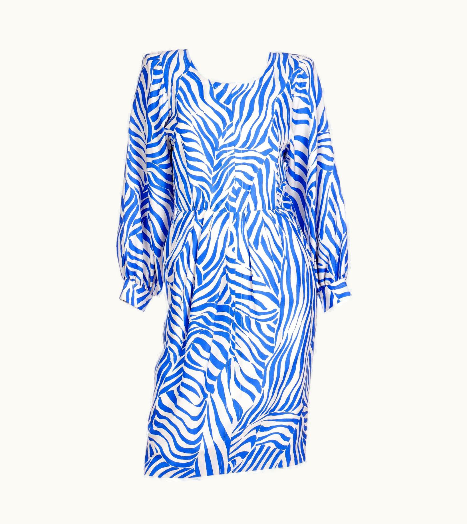 Saint Laurent 1988 Yves Saint Laurent Blue & White Abstract Stripe Silk Dress