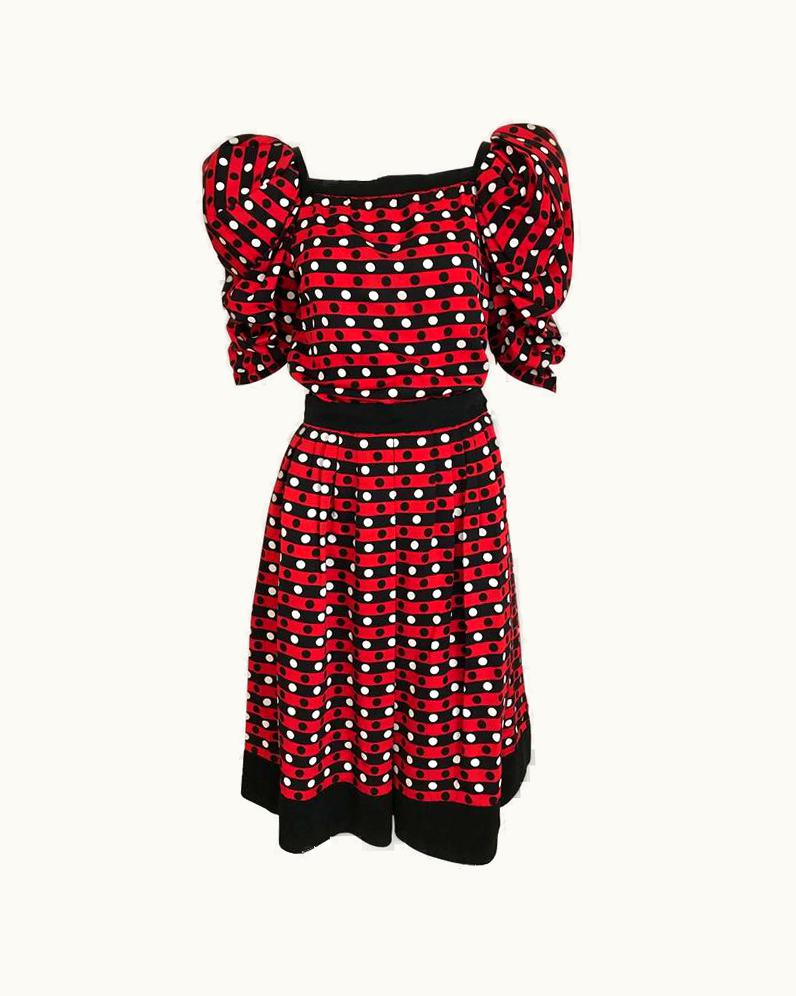 Saint Laurent Vintage Saint Laurent Red Polkadot Blouse And Skirt Ensemble