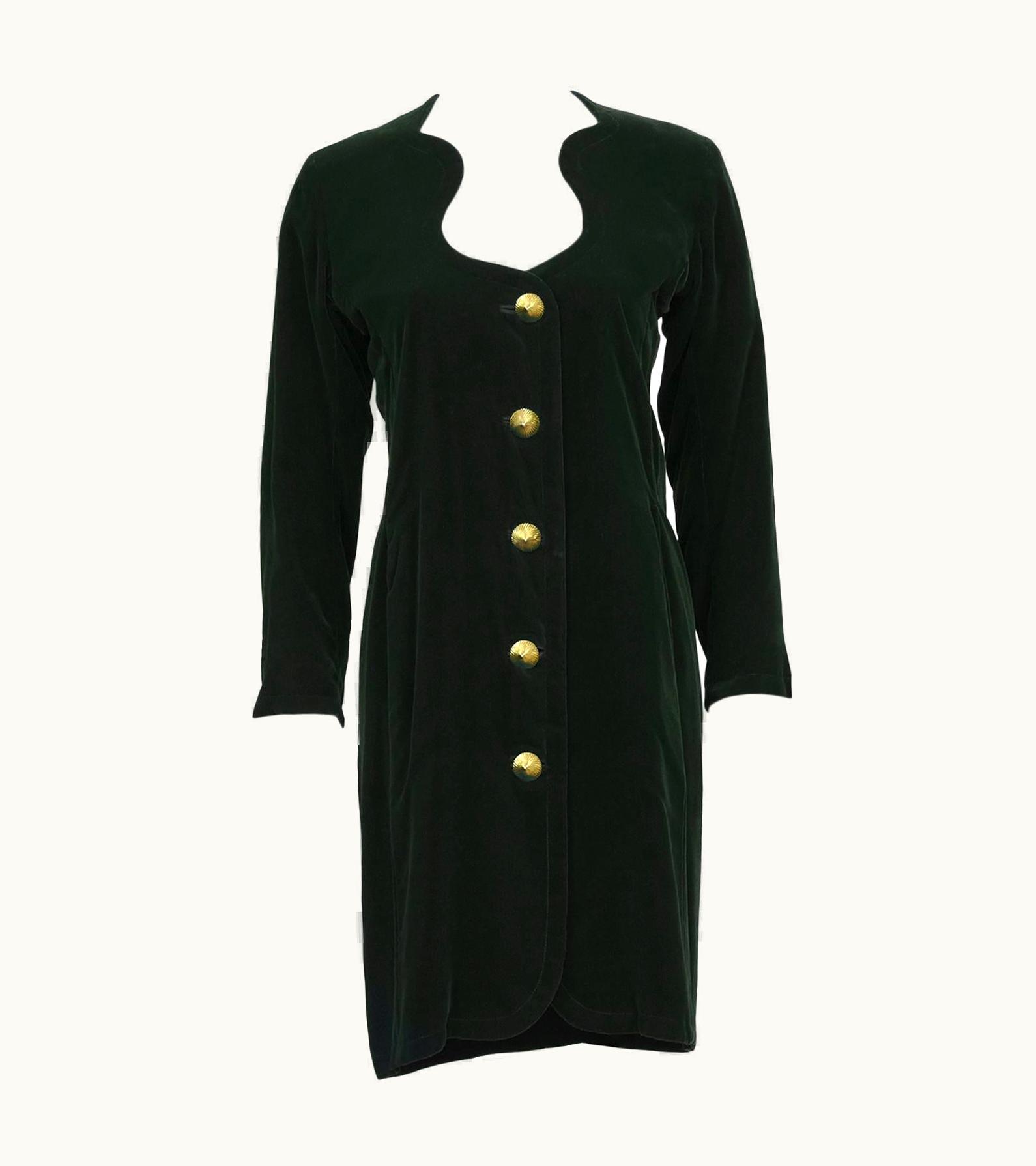 Saint Laurent Late 1980s Hunter Green YSLS/S Yves Saint Laurent Velvet Dress