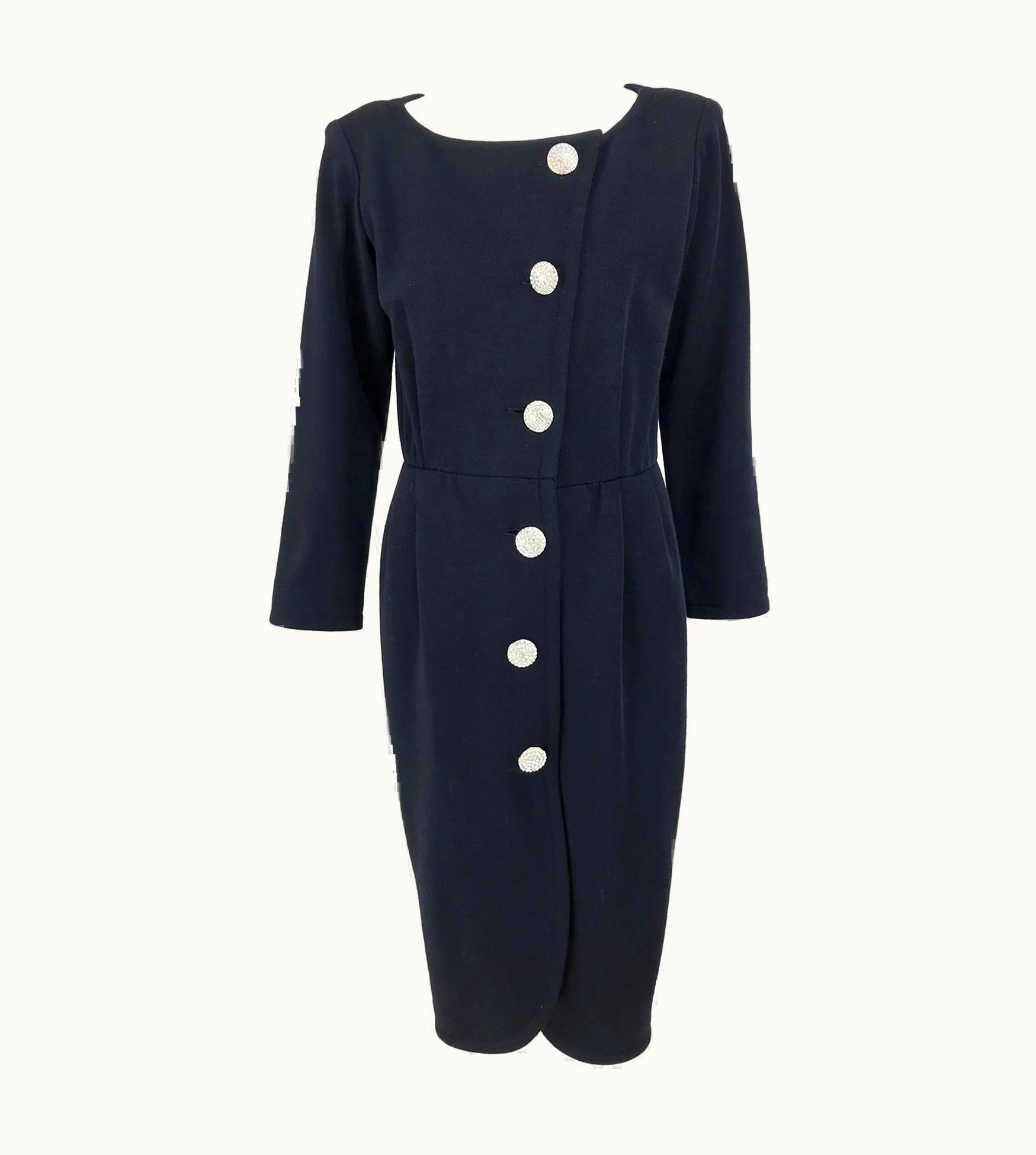 Saint Laurent Yves Saint Laurent Black Jersey Dress With Rhinestone Buttons 1980s