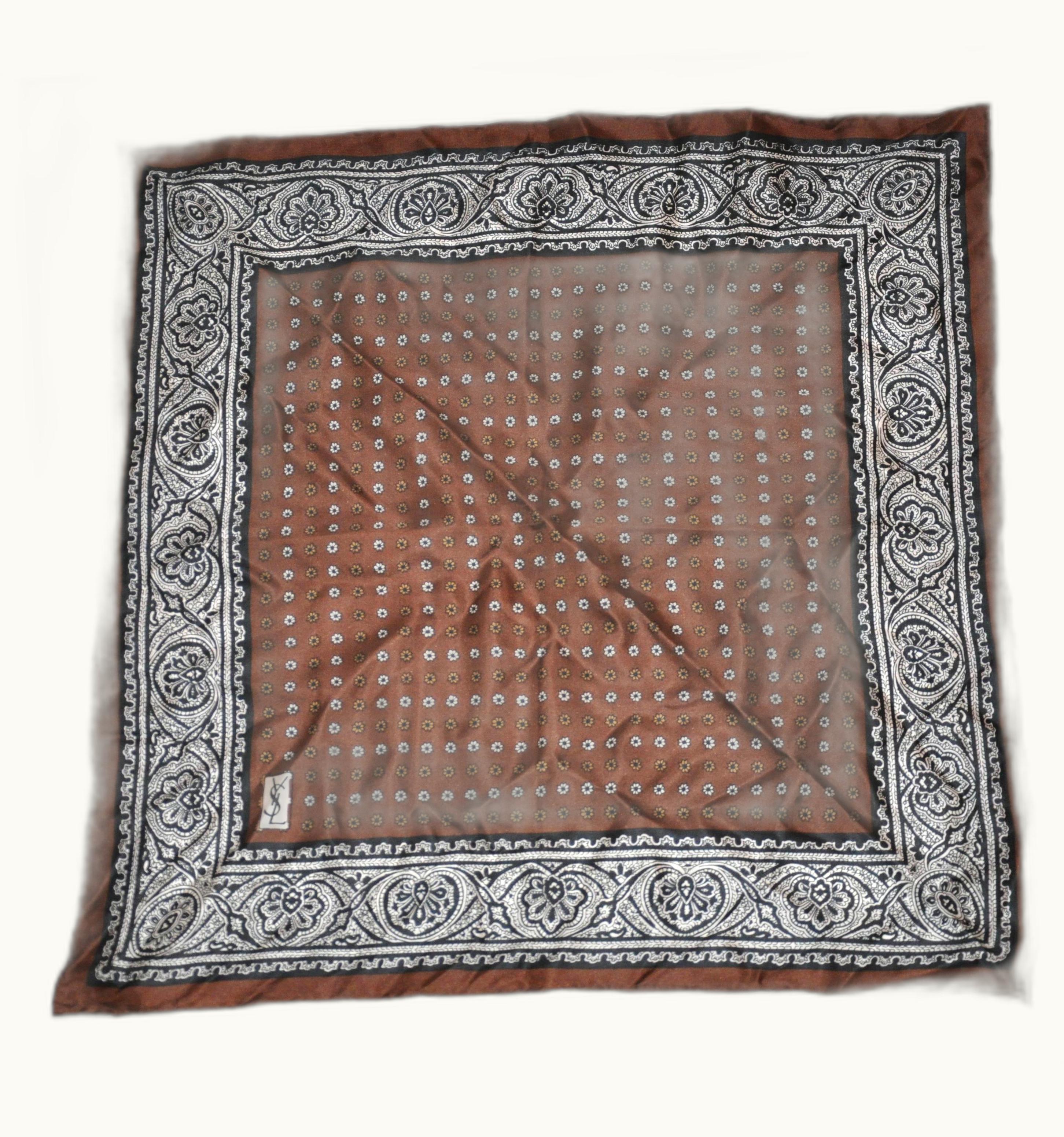 Saint Laurent Yves Saint Laurent Coco-Brown Borders Floral Silk Handkerchief