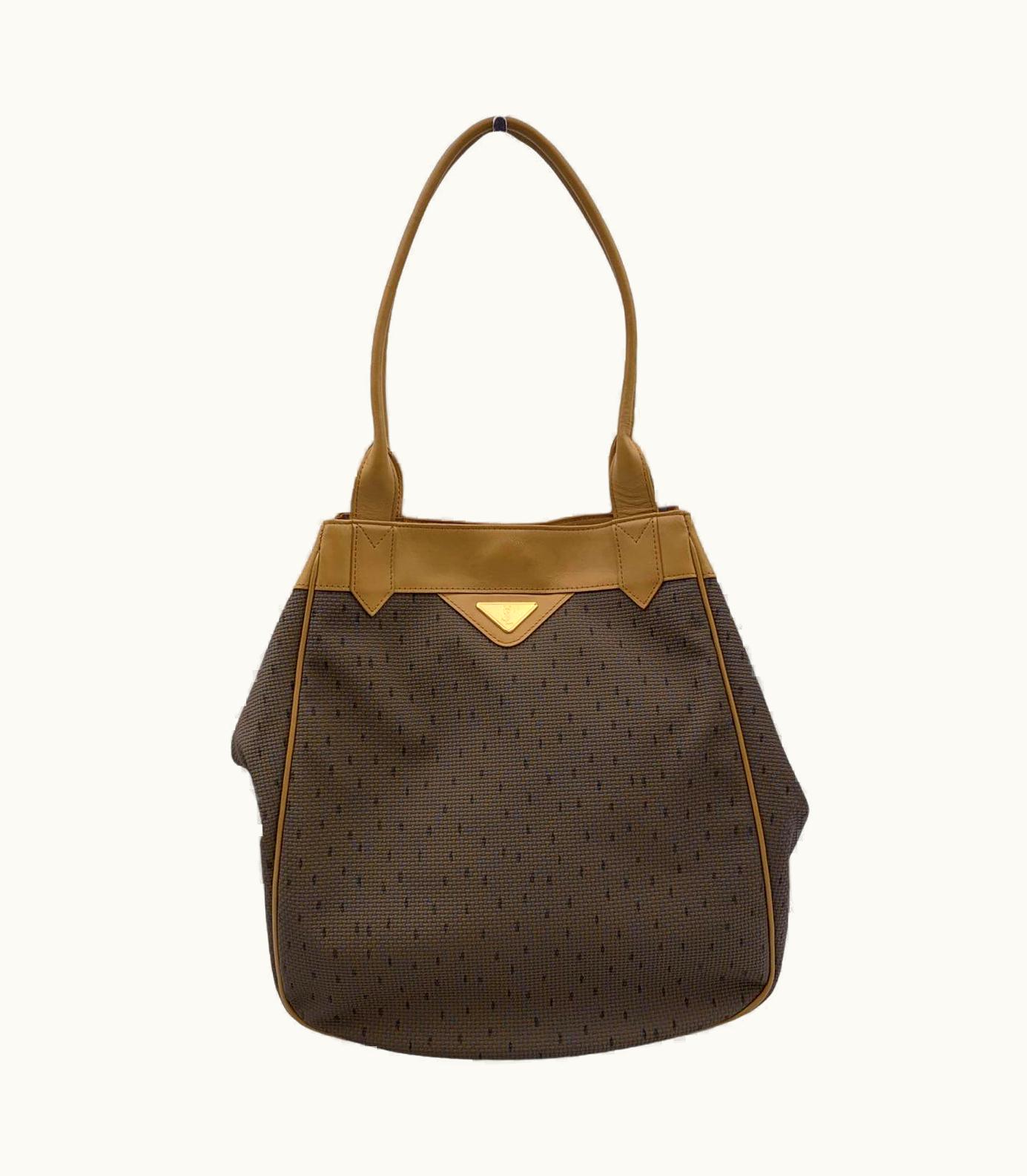 Saint Laurent Yves Saint Laurent Brown And Beige Textured Vinyl Canvas Tote Bag