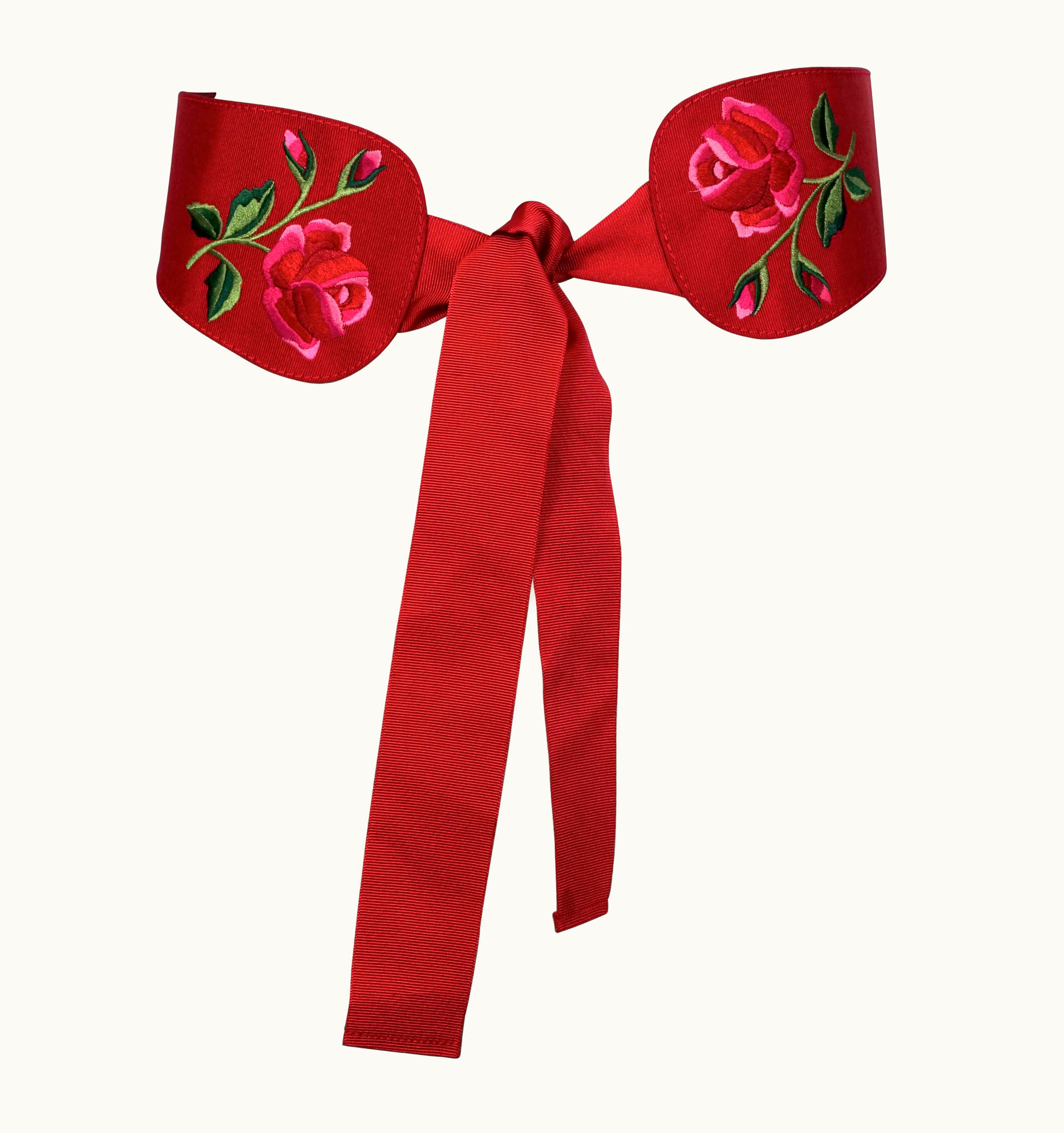 Saint Laurent Vintage Yves Saint Laurent YSL Flower Embroidered Grosgrain Ribbon Red Belt