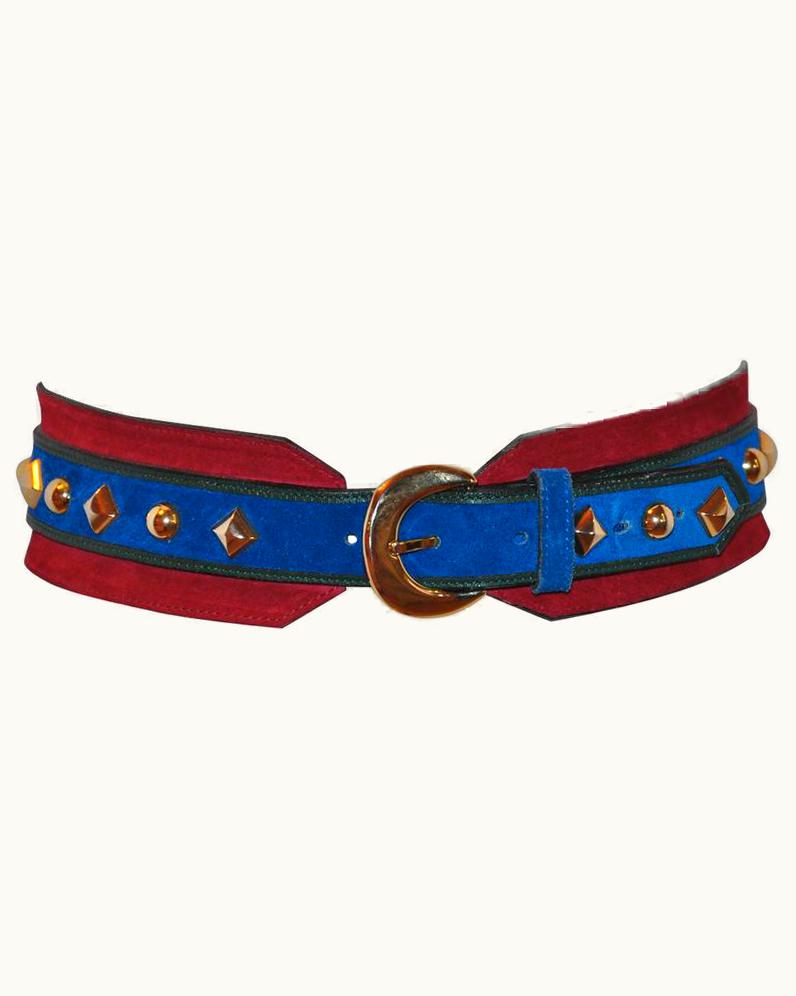 Saint Laurent Yves Saint Laurent Lapis Blue & Red Suede Multi-Studded Buckle Belt