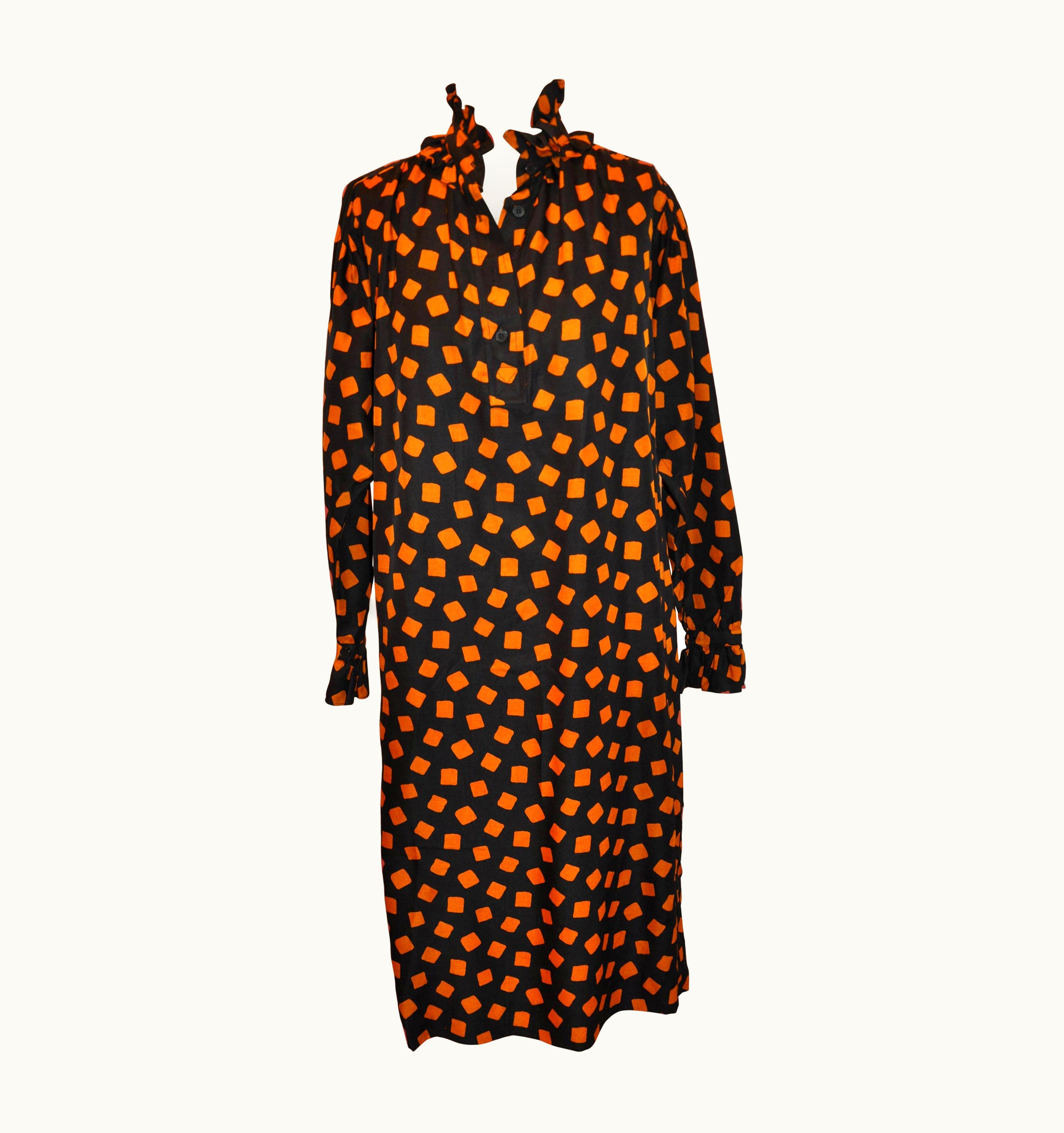 Saint Laurent Yves Saint Laurent Ruffled Black w/Warm Brown Silk Dress