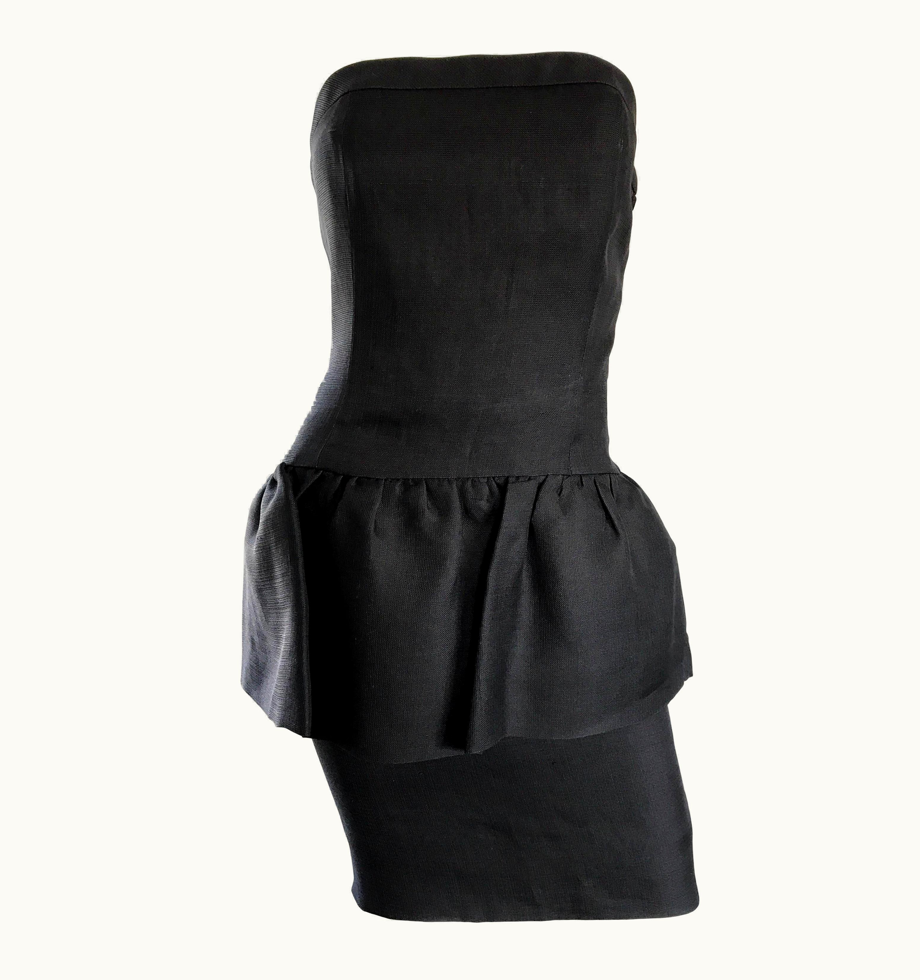 Saint Laurent Yves Saint Laurent Rive Gauche 1980s Vintage Black Strapless Peplum Dress