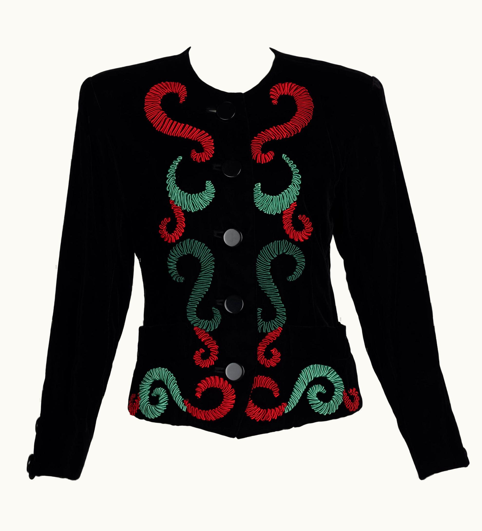 Saint Laurent Yves Saint Laurent Runway Velvet Red & Green Embroidered Jacket 1989