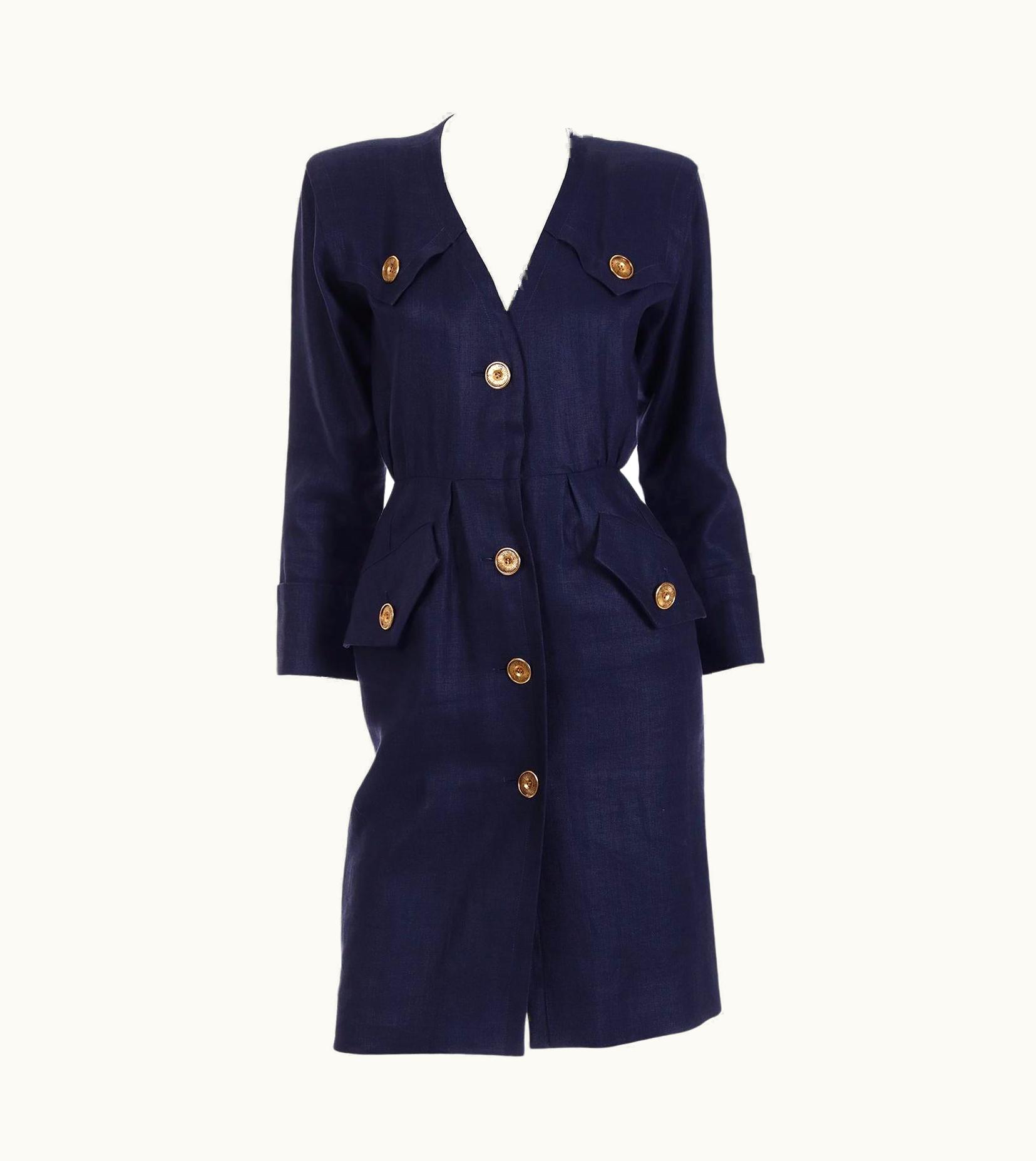 Saint Laurent 1987 Vintage Yves Saint Laurent Navy Blue Linen Dress With Gold Buttons
