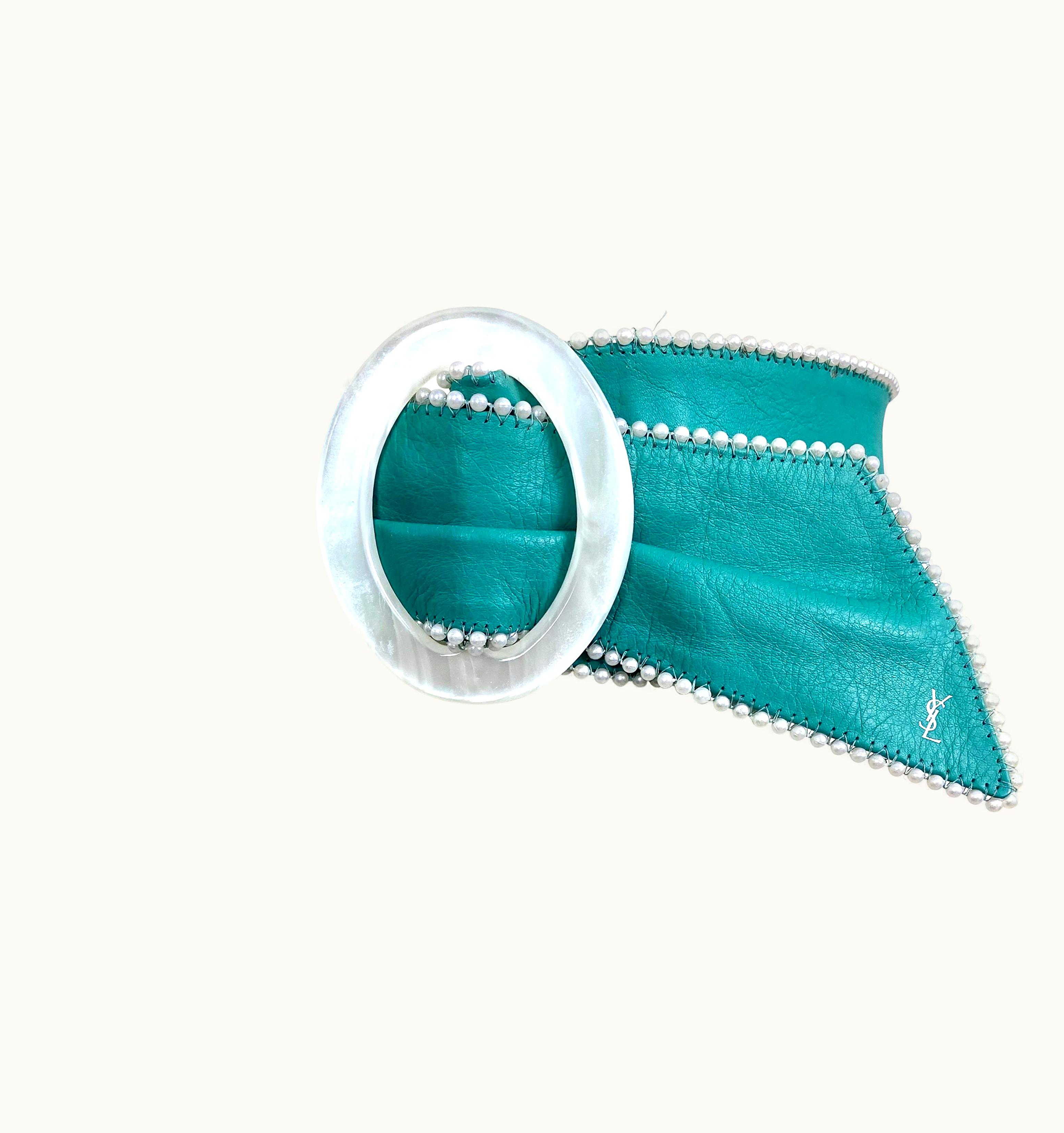 Saint Laurent Vintage Yves Saint Laurent Turquoise Leather Belt With Pearls And Pearly Buckle